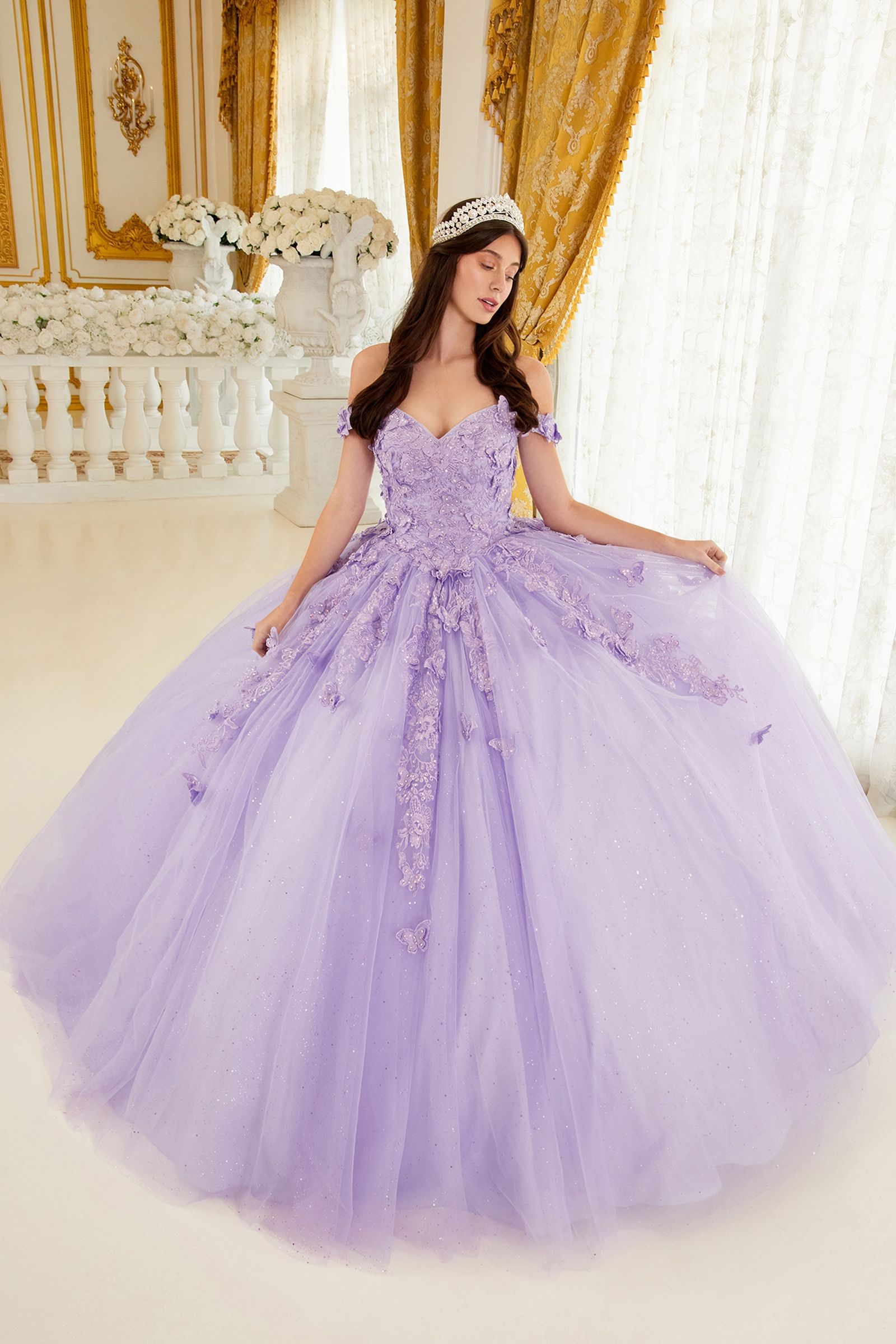 ARIABELLA ball gown with off-shoulder neckline and floral lace appliques, perfect for quinceañera. Brisbane to Gold Coast, Australia.