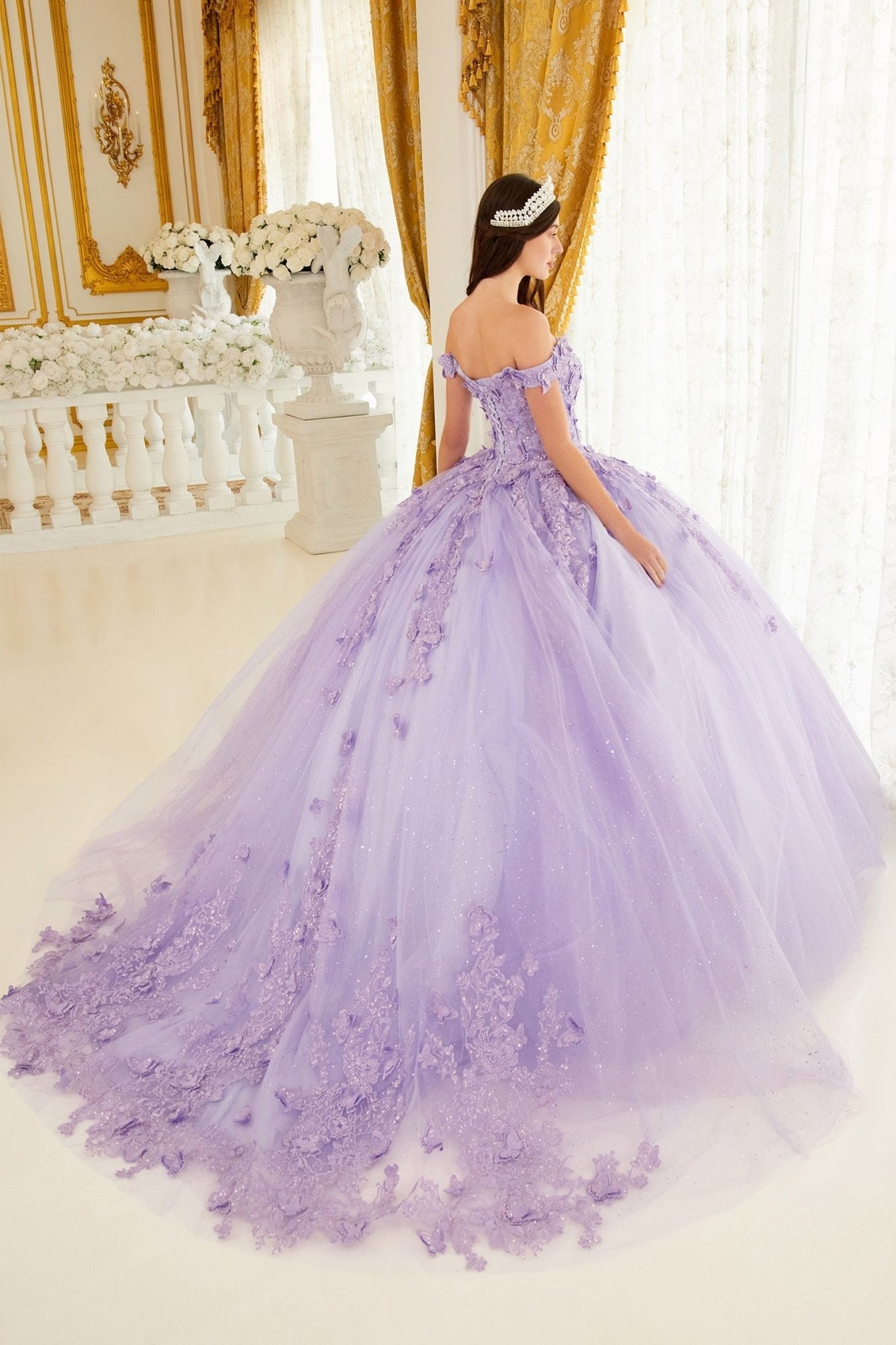 ARIABELLA Off Shoulder Layered Tulle Applique Quinceañera Ball Gown Dress in Australia | One Honey Boutique