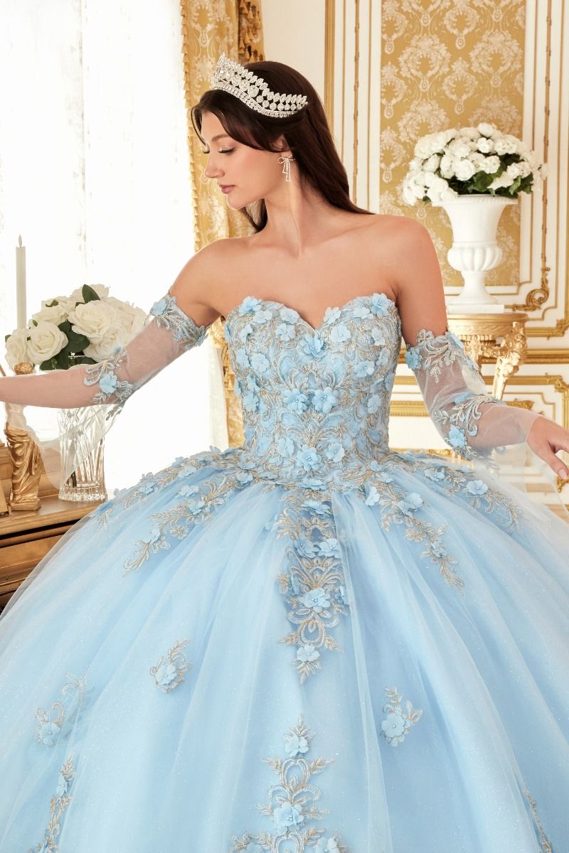 RIALINA Floral Applique QUINCEAÑERA Ball Gown with blue floral bodice and tulle skirt. Brisbane to Gold Coast, Australia.