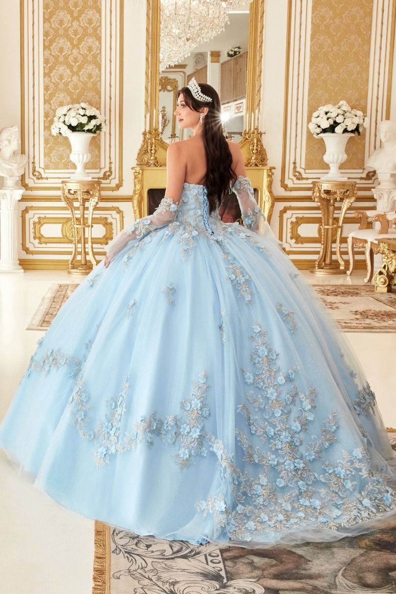 RIALINA Quinceañera Ball Gown Dress with floral applique sleeves and sweetheart neckline, Brisbane to Gold Coast.