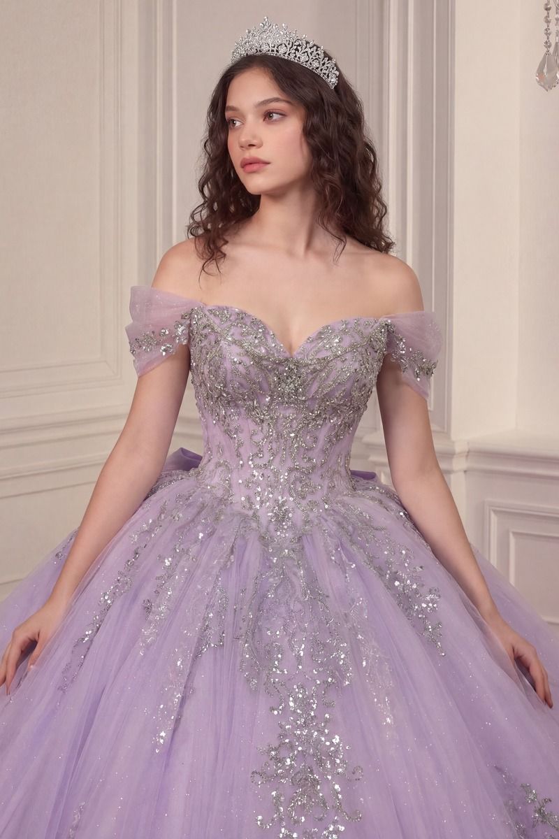 DILARA Off Shoulder Quinceañera Glitter Tulle Ball Gown