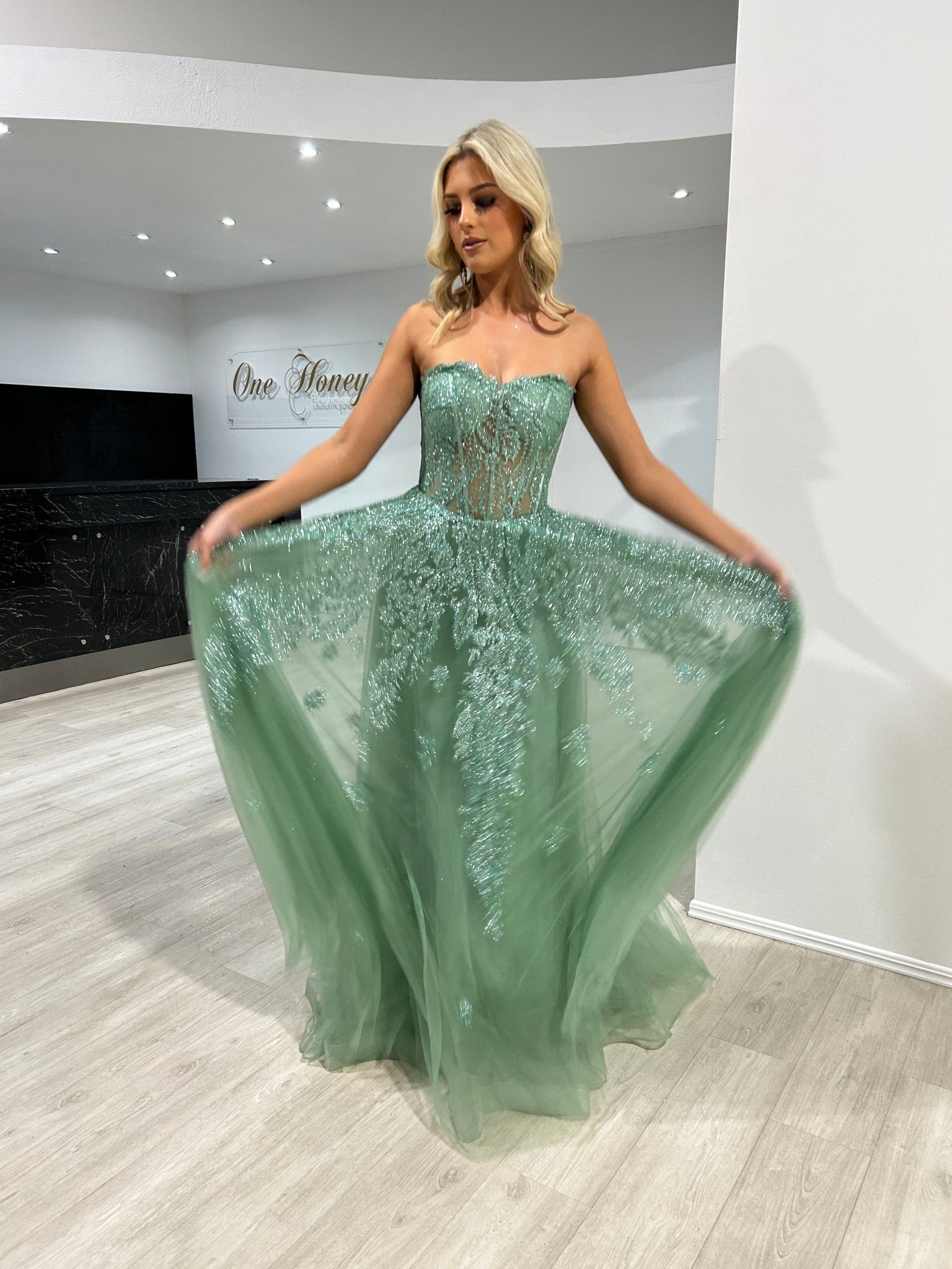 MERCER Strapless Glitter Ball Gown Formal Dress in Australia | One Honey Boutique