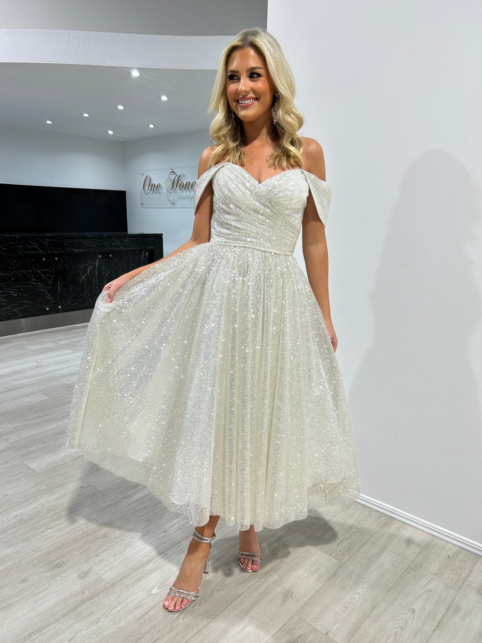 Honey Couture ALINA Off White Glitter Tea Length Off The Shoulder Ball Gown Formal Dress in Australia | One Honey Boutique