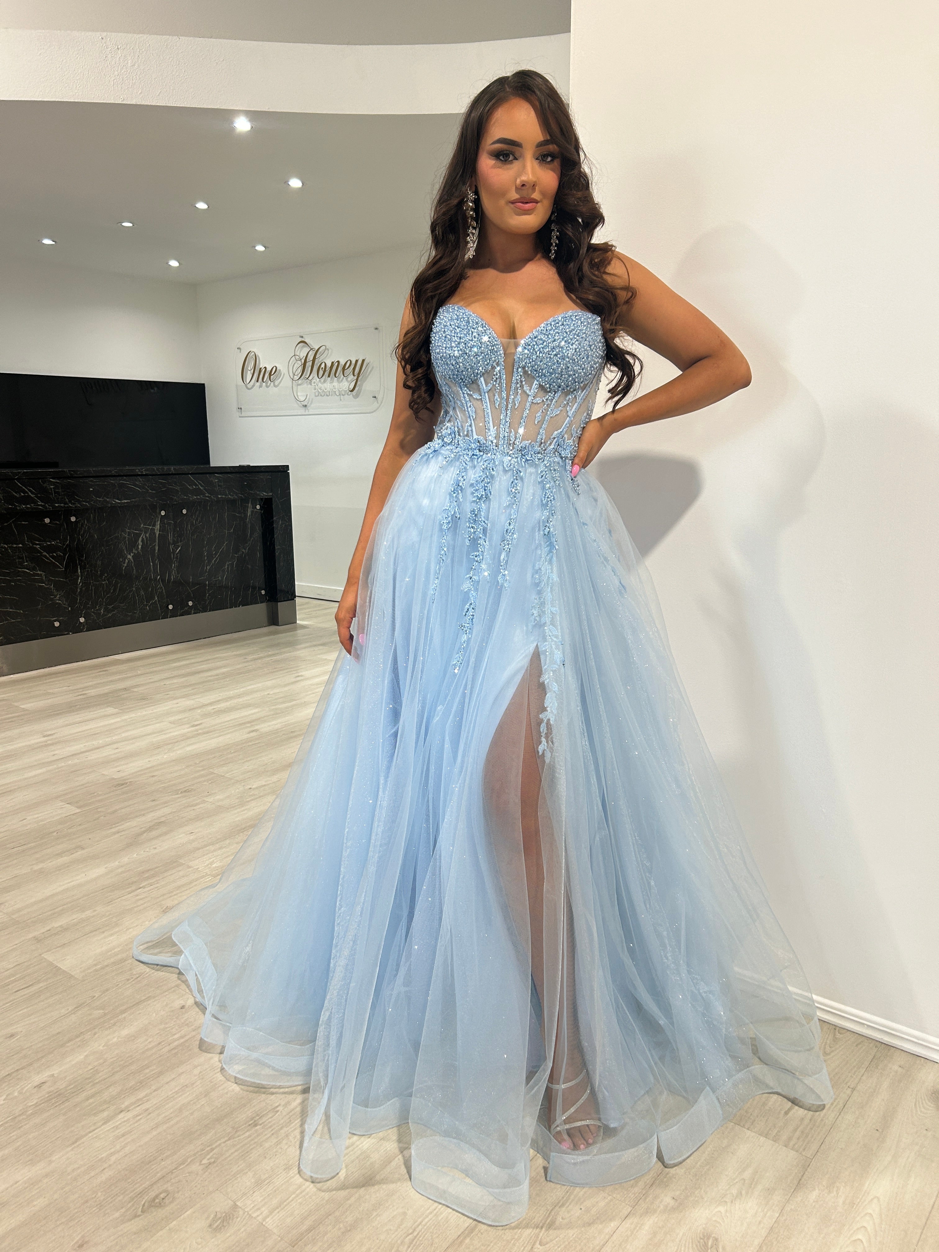 Honey Couture YZMA Light Blue Strapless Bustier Tulle A-Line Formal Dress