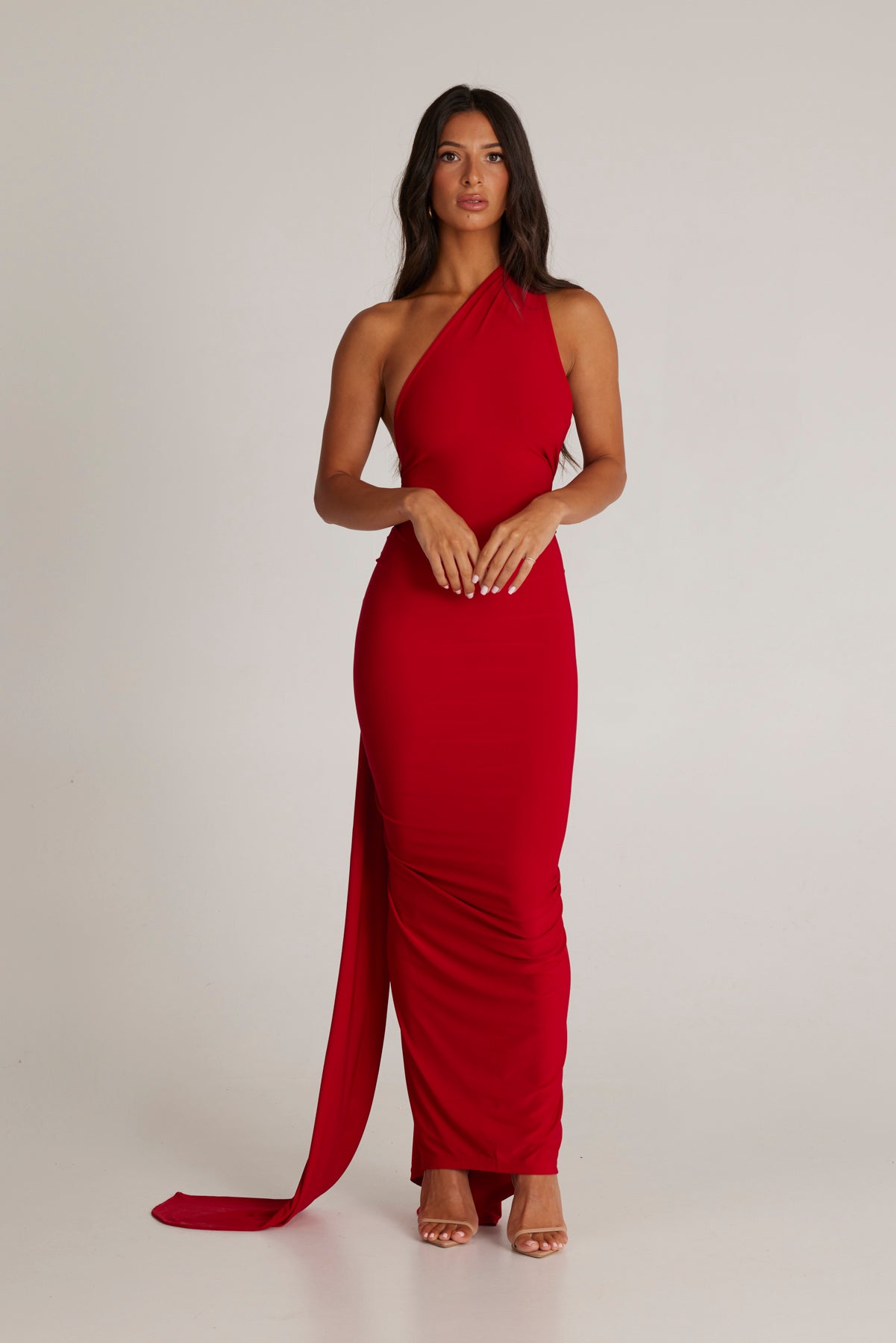 MÉLANI The Label CONSTANTINA Red Asymmetric Halterneck Midi Dress