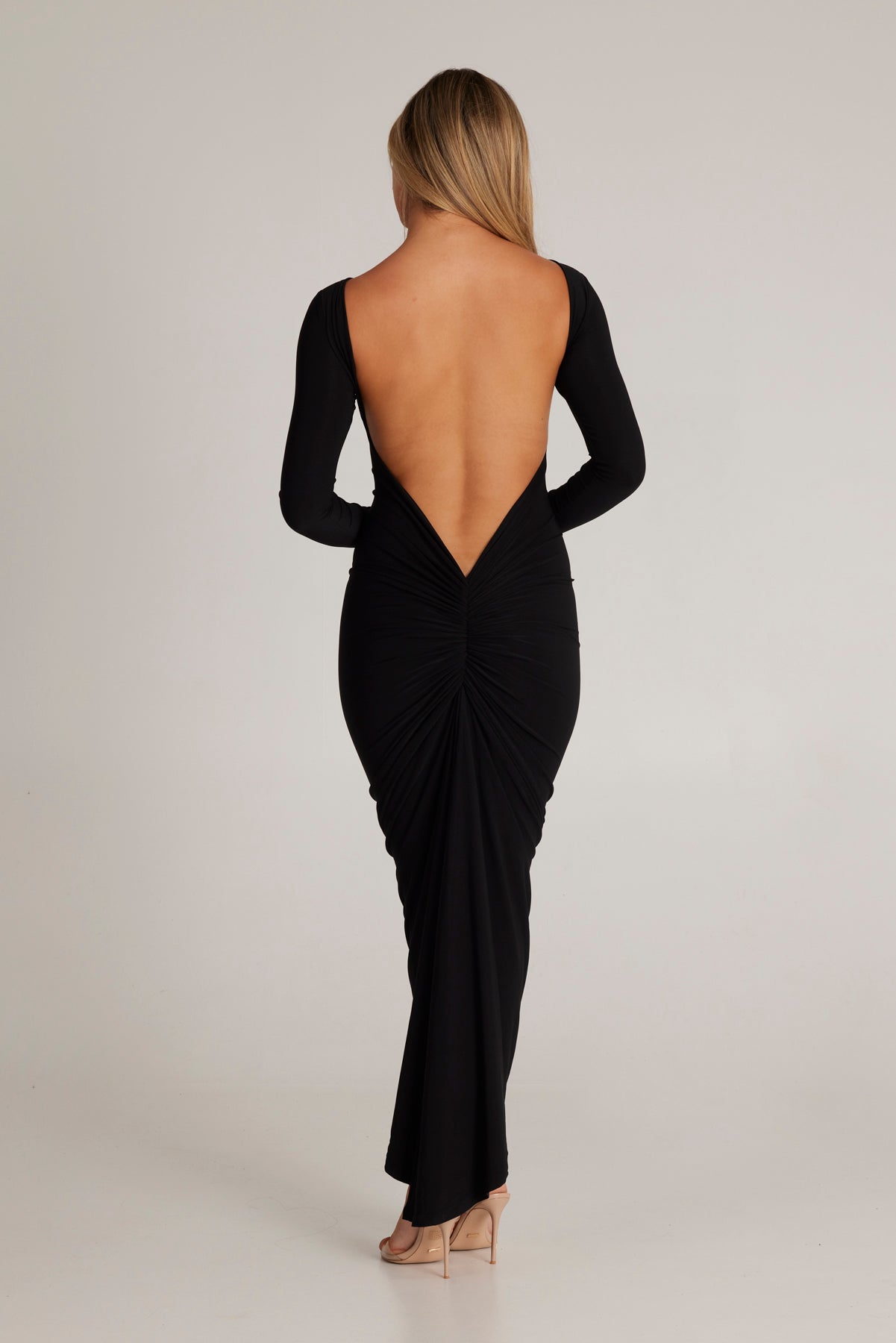 MÉLANI The Label CAMILA Black Long Sleeve Backless Semi Formal Midi Dress
