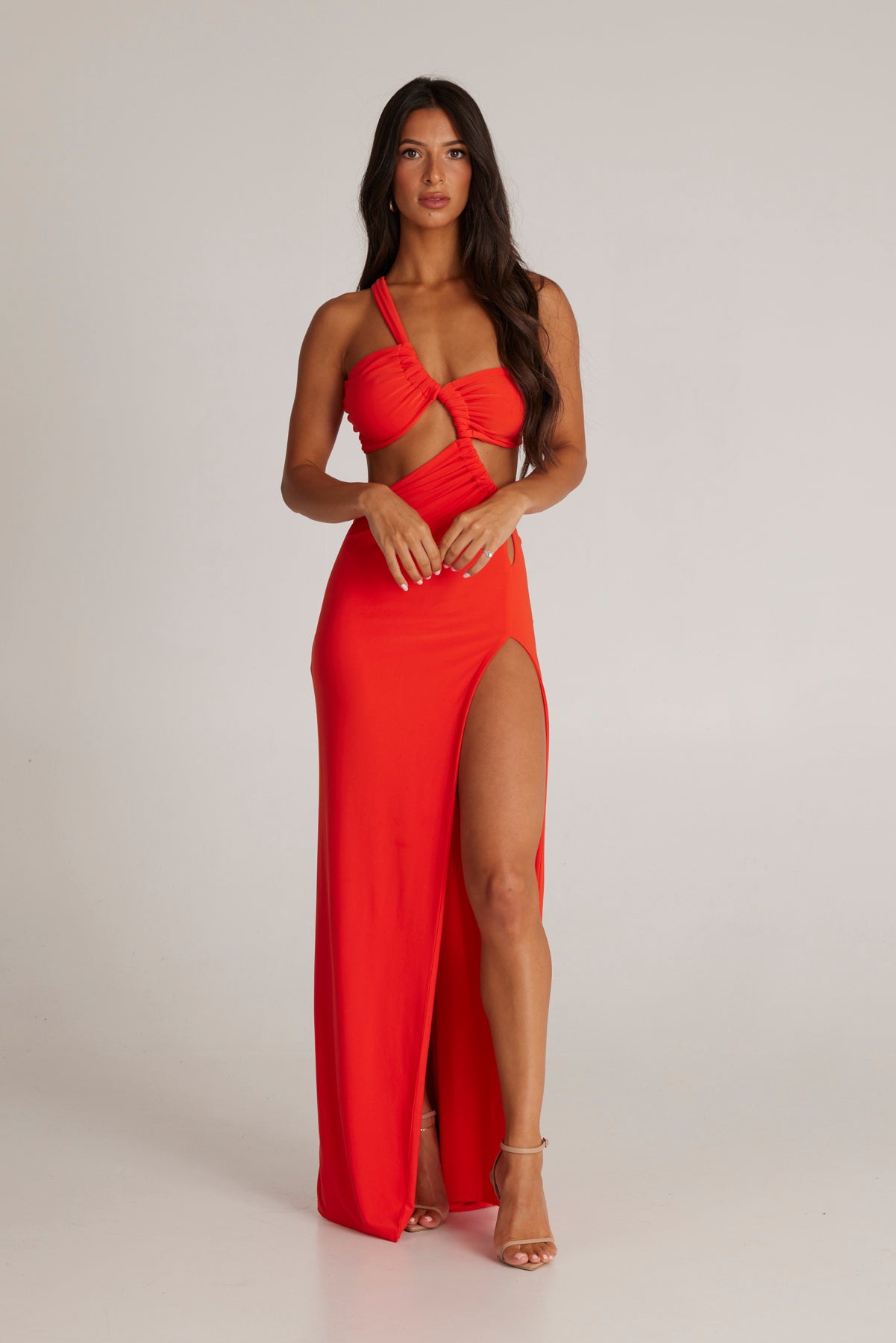 MÉLANI The Label EVE Tangerine Cut Out Form Fitted Midi Dress
