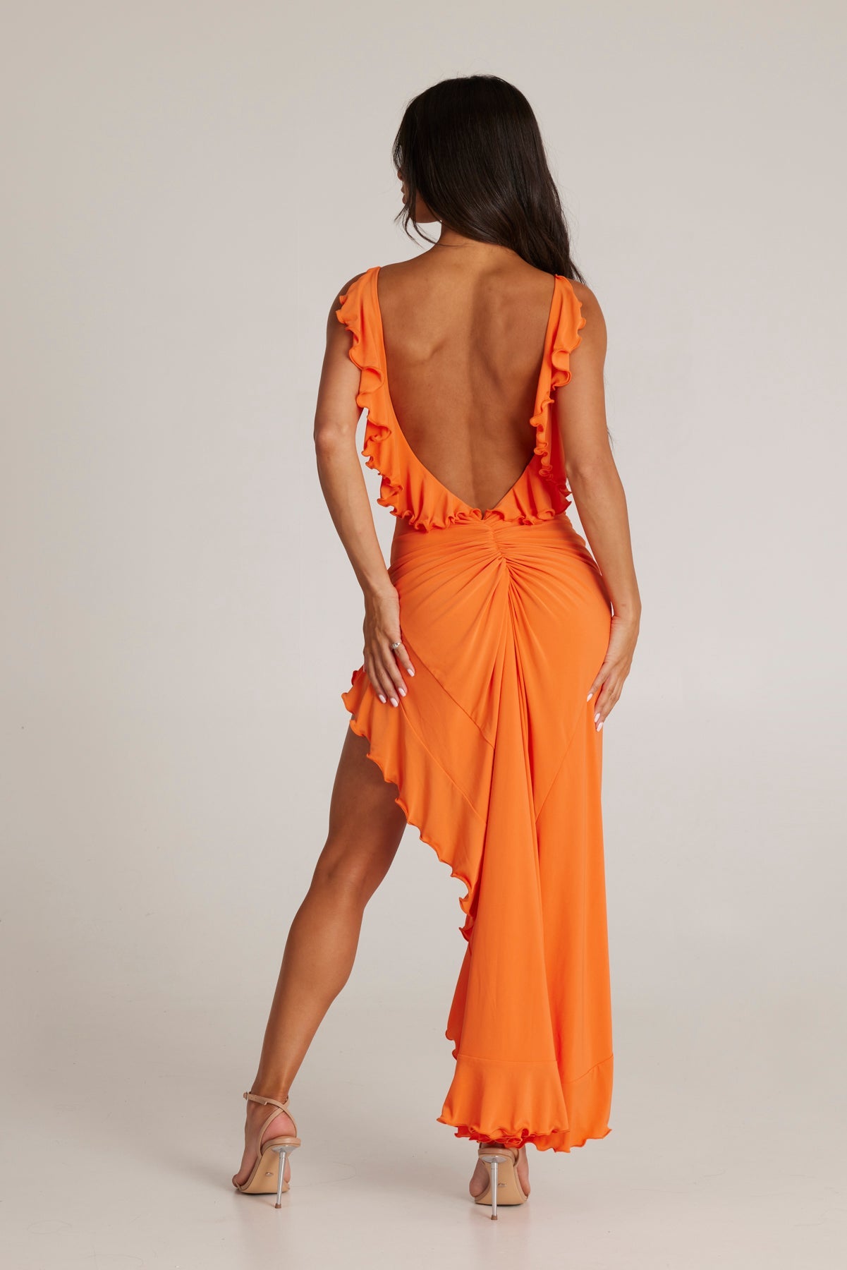 MÉLANI The Label GABRIELLA Orange Low Back Bum Ruching Dress