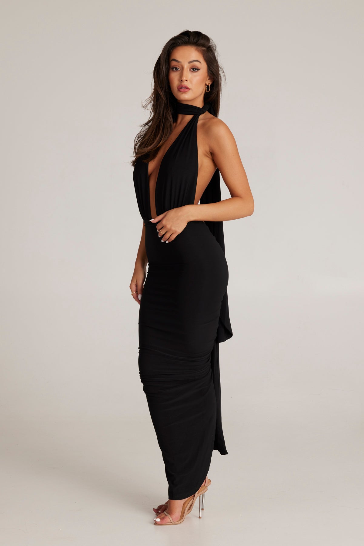 MÉLANI The Label MELROSE Black Multi Tie Plunge Form Fitted Midi Dress
