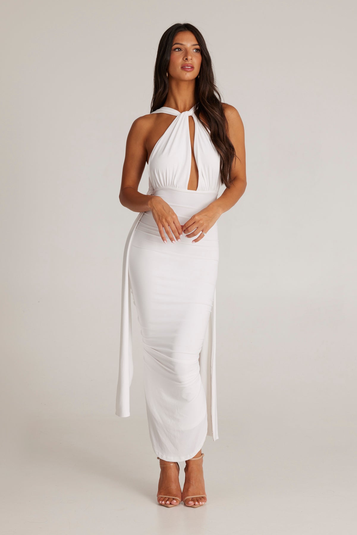 MÉLANI The Label MELROSE White Multi Tie Plunge Form Fitted Midi Dress