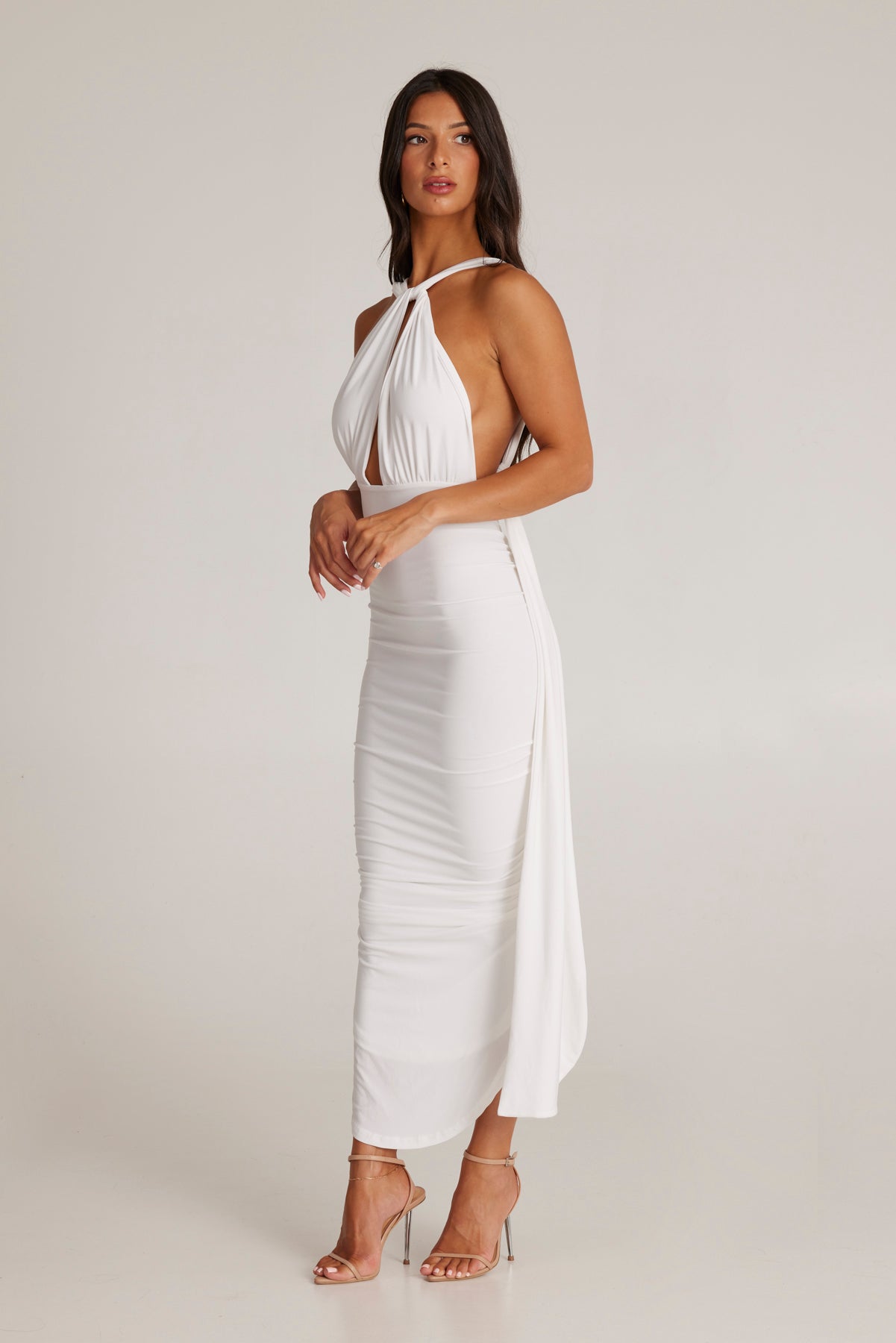 MÉLANI The Label MELROSE White Multi Tie Plunge Form Fitted Midi Dress