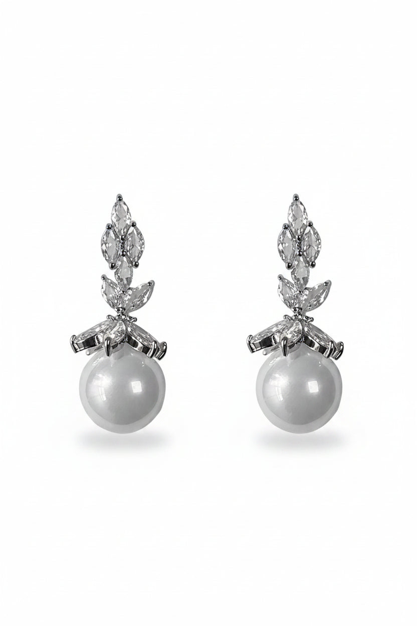 Honey Couture AURÉLIE Crystal Leaf Pearl Drop Earrings