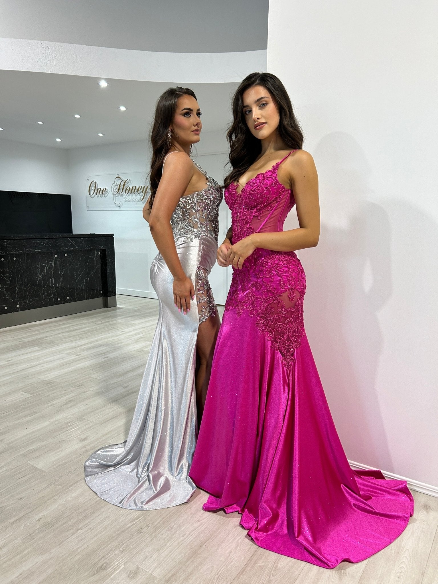 ODESSA Embellished Glitter Satin Mermaid Formal Dress in Australia | One Honey Boutique