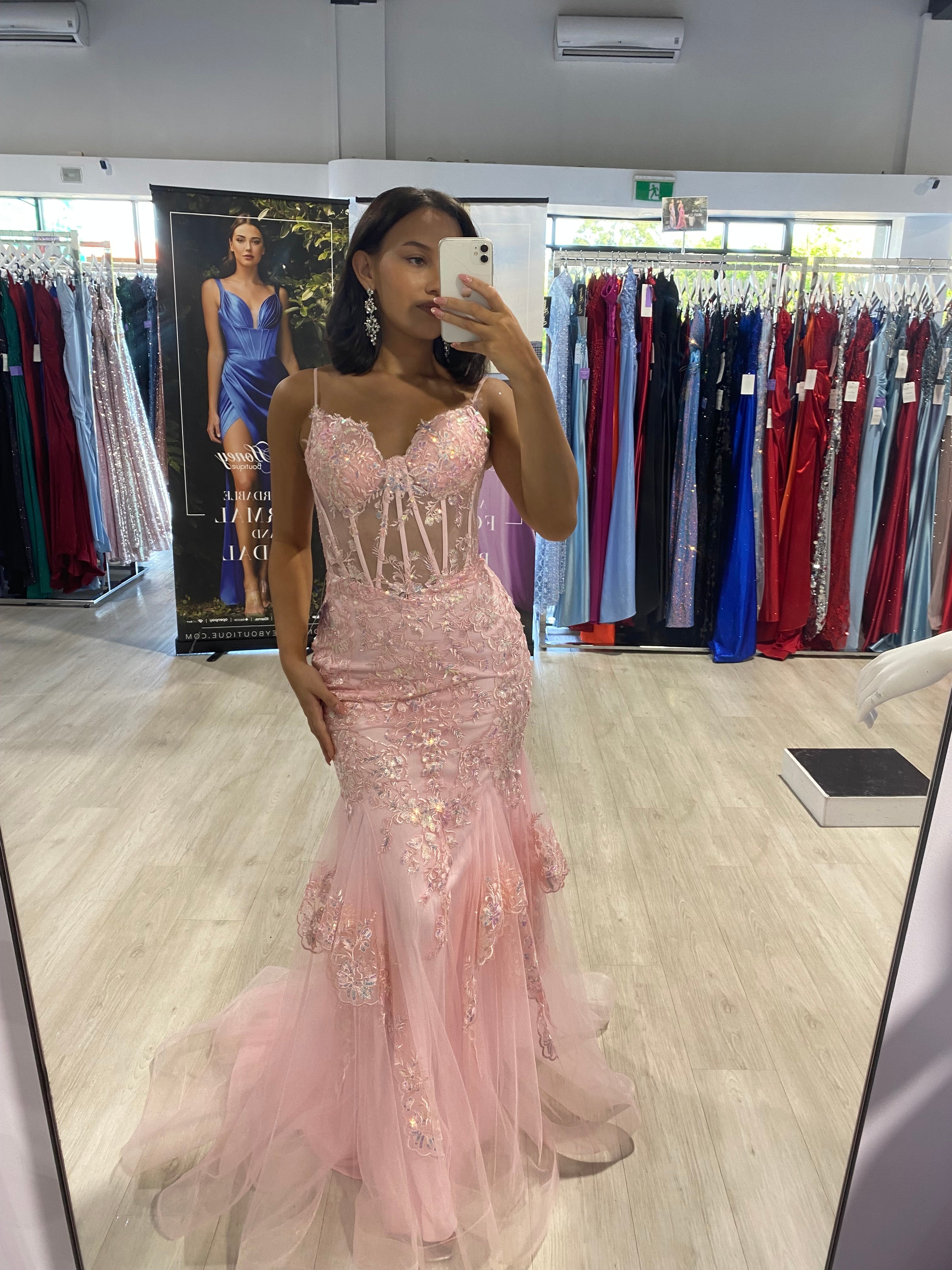 Glitter Straps Hot Pink Sequins Prom Gown with Slit | KissProm