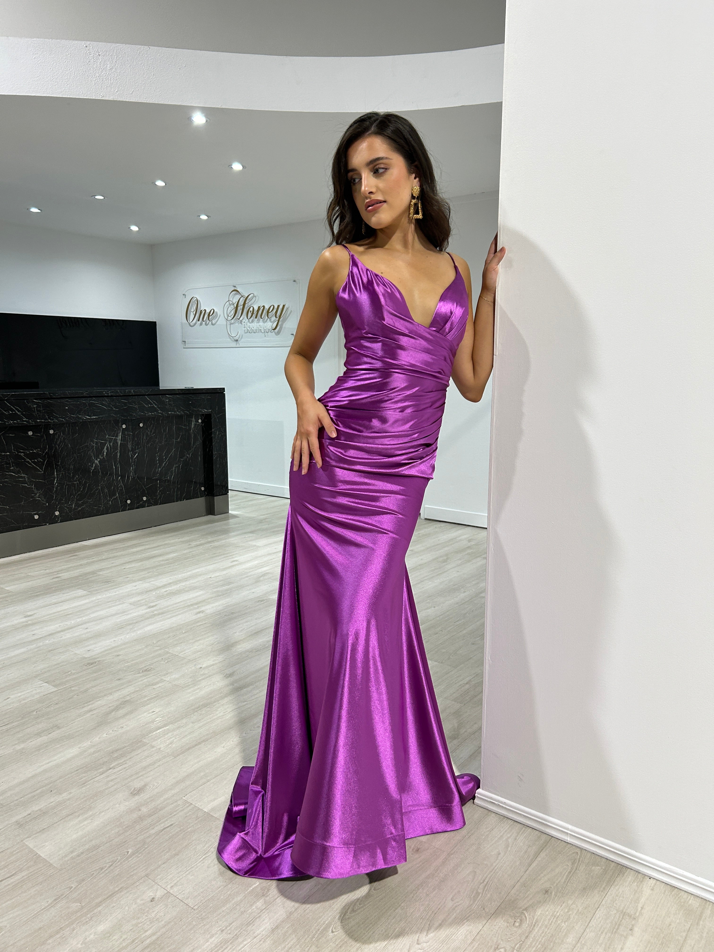 Honey Couture CHARLIE Orchid Stretch Satin Mermaid Formal Dress