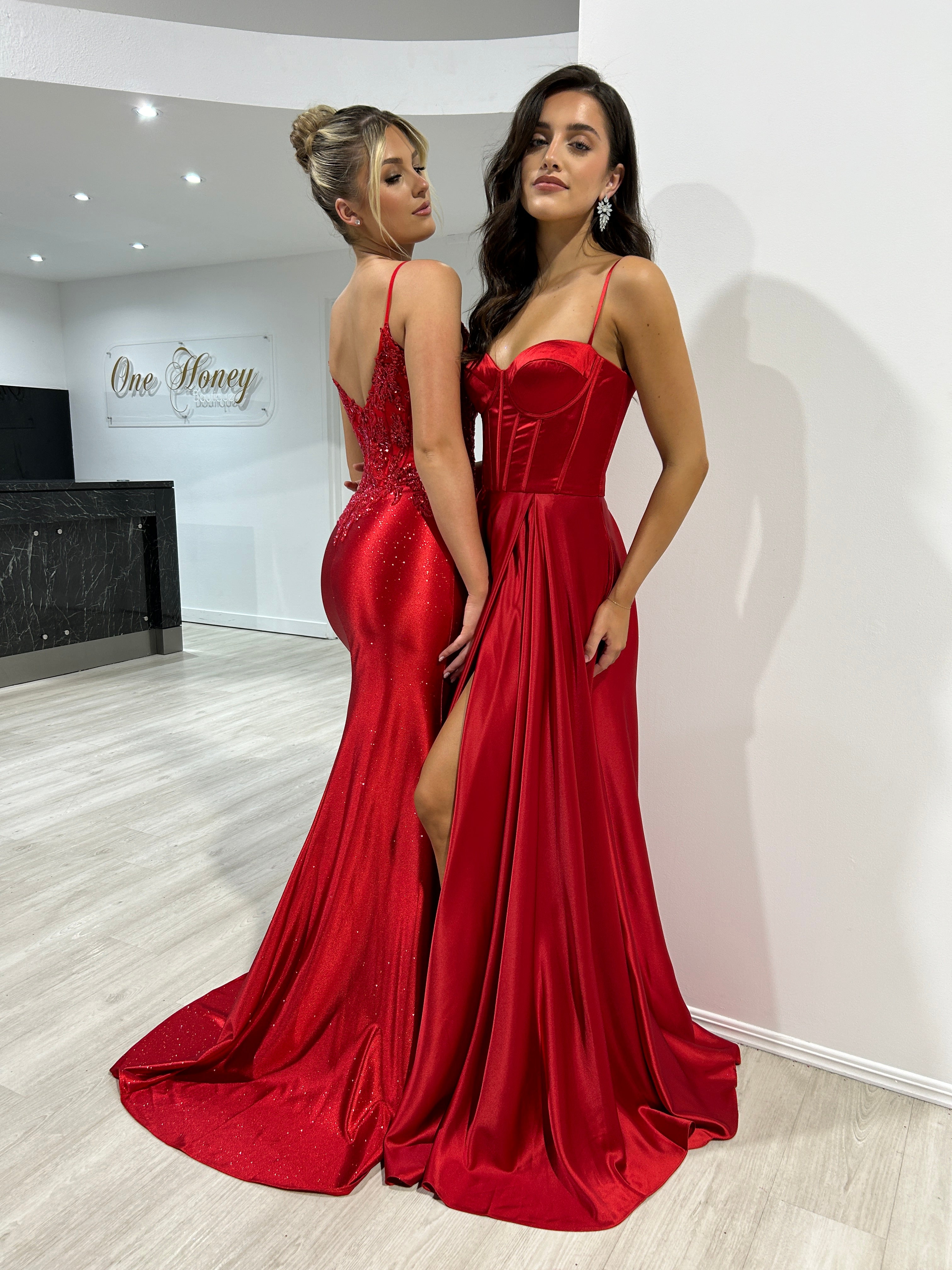 Honey Couture OLYMIA Red Embellished Stretch Glitter Satin Mermaid Formal Dress
