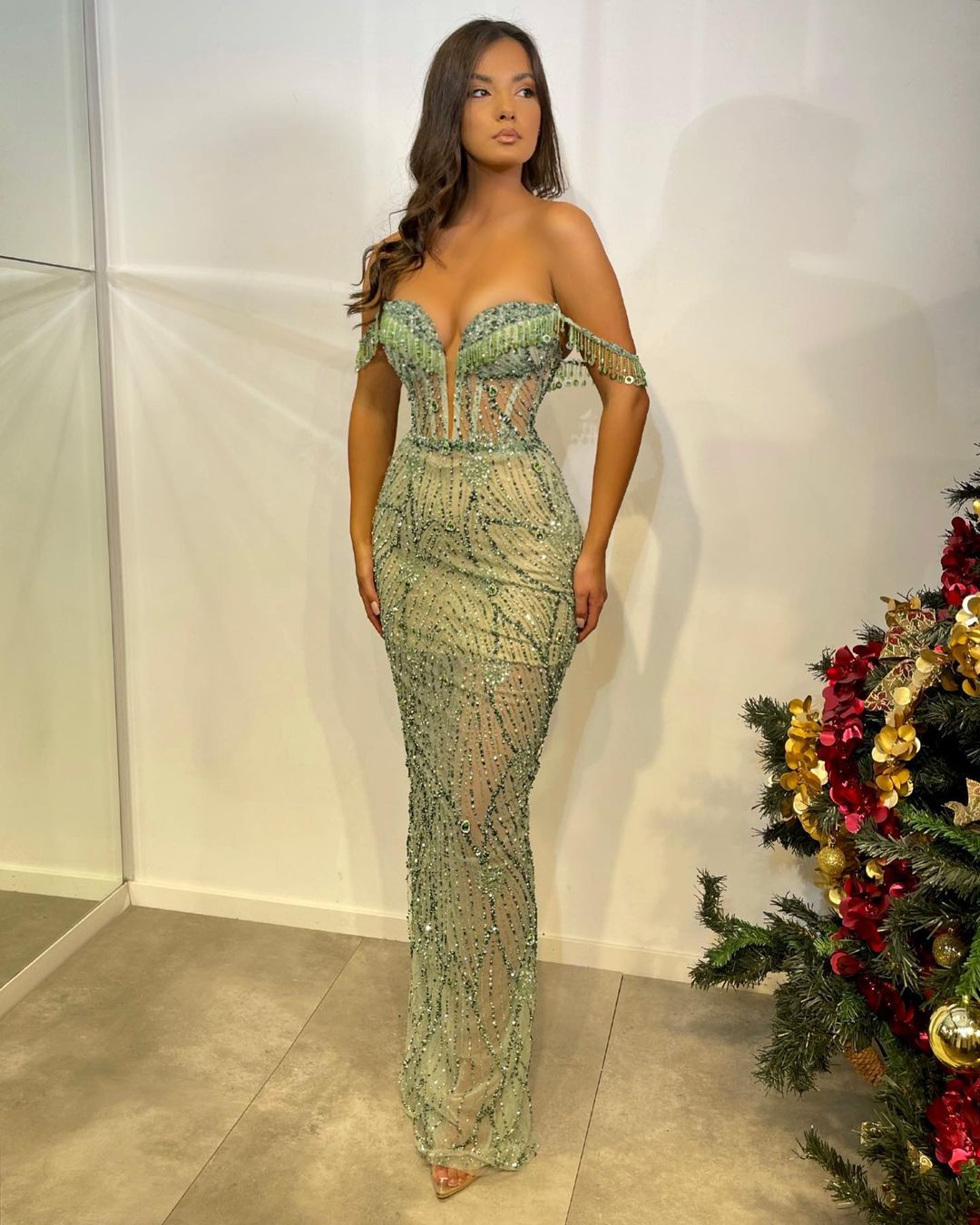 MINNA Fashion IRMA Mint Beaded Off The Shoulder Mermaid Formal Dress