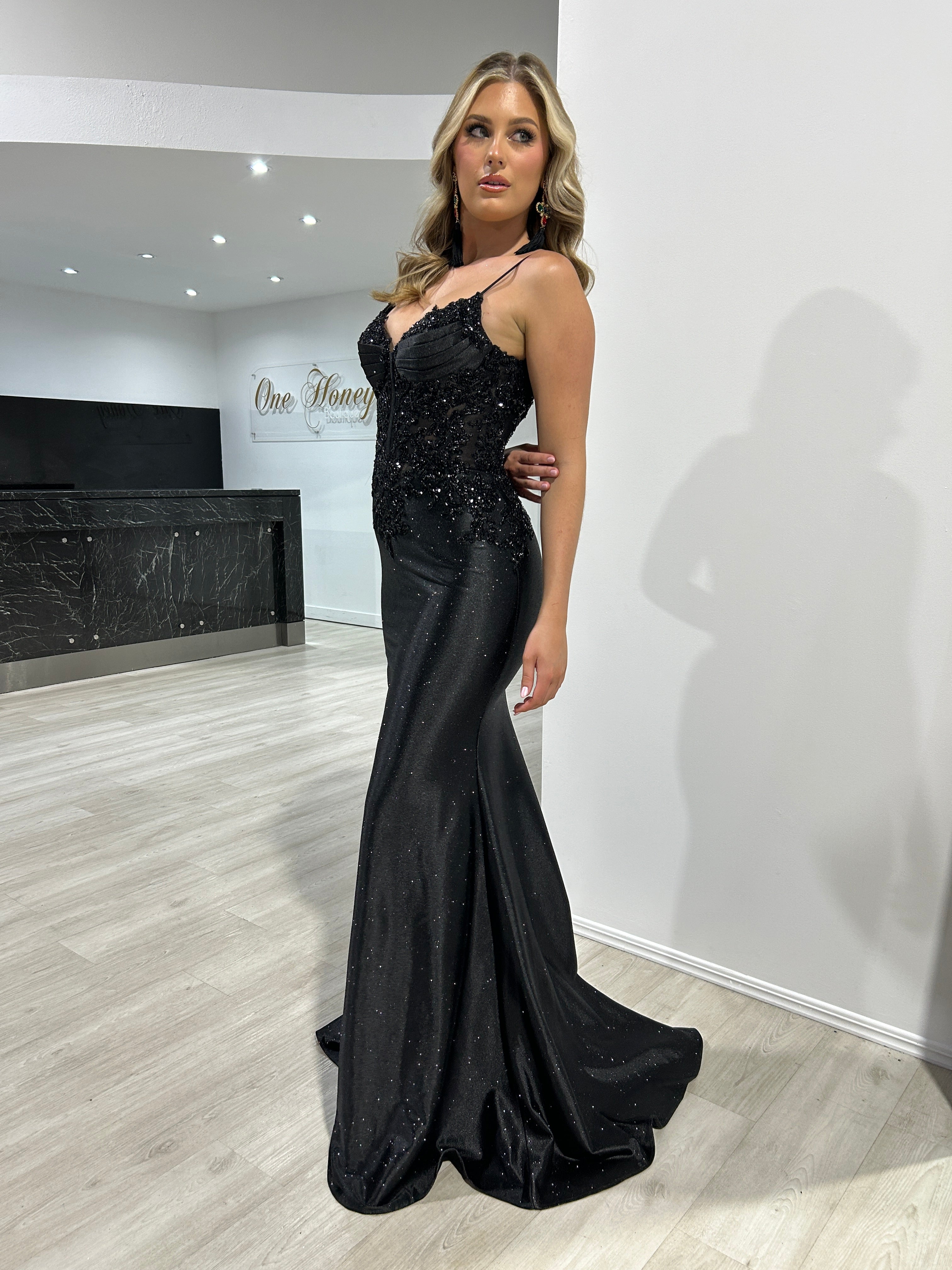Honey Couture OLYMIA Black Embellished Stretch Glitter Satin Mermaid Formal Dress