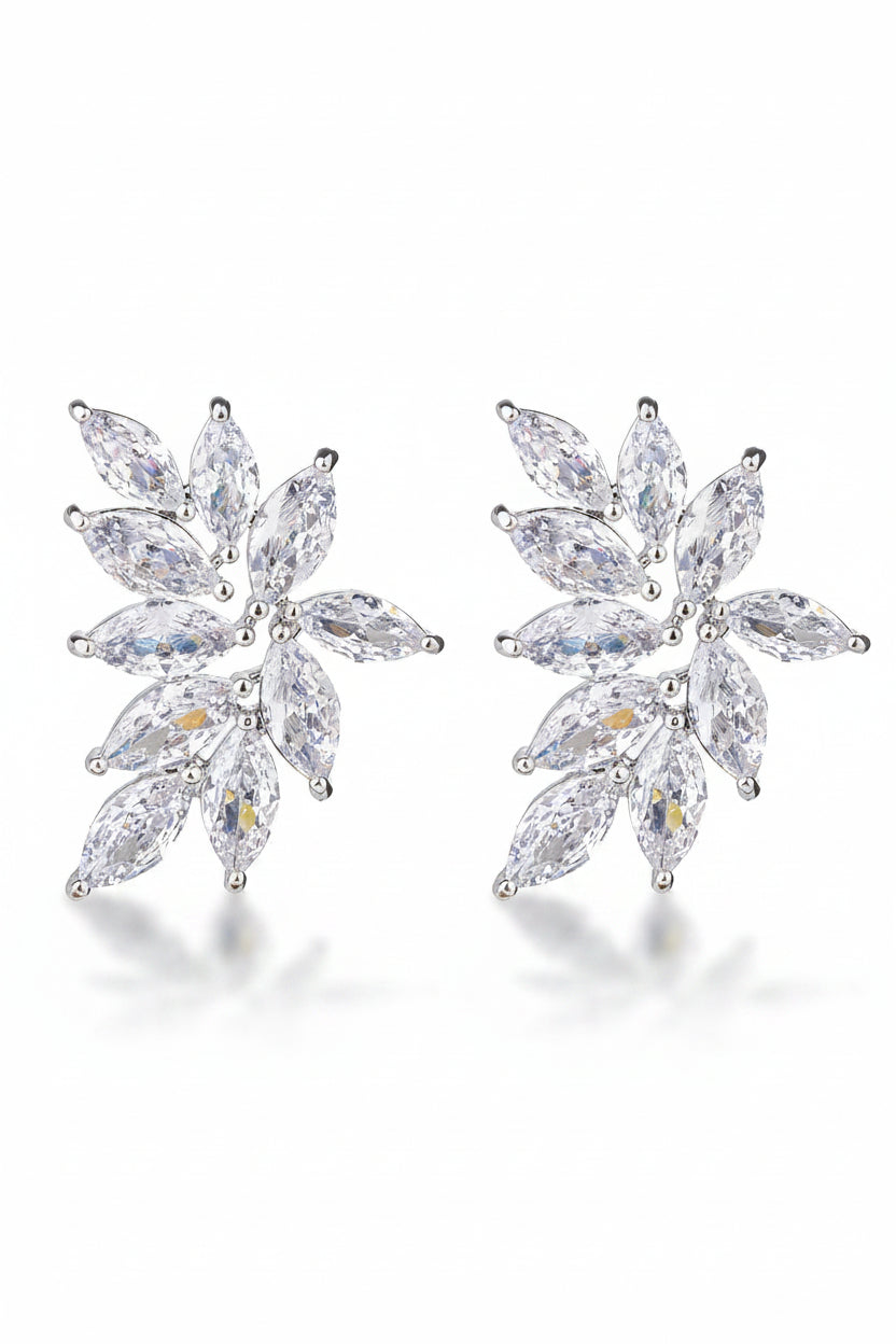 Pair of silver earrings with clear gemstones on a white background