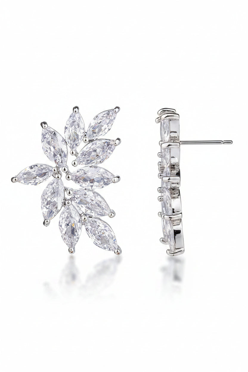 Pair of silver earrings with clear gemstones on a white background