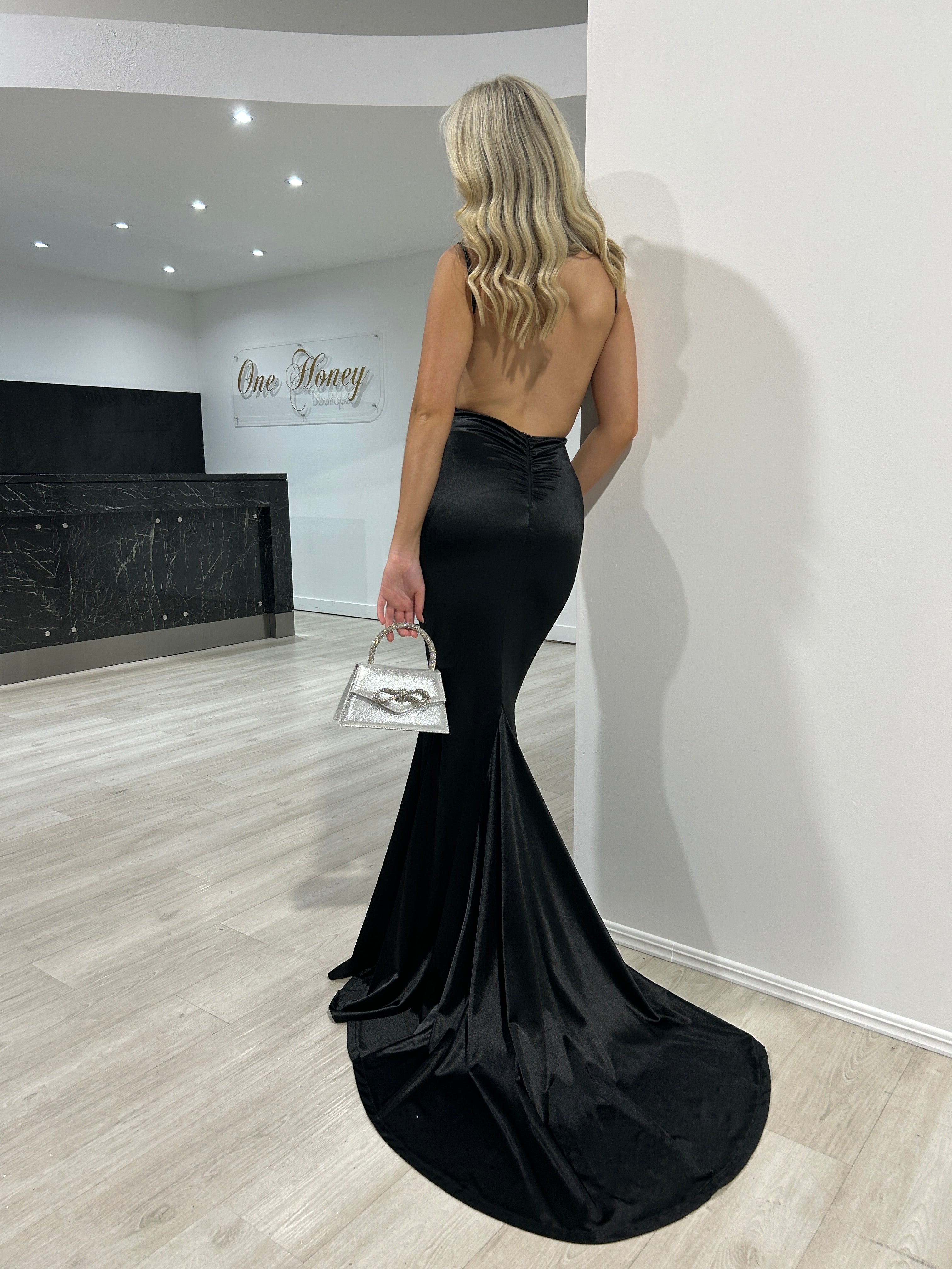 Honey Couture Kylie Black Low Back Bum Ruched Mermaid Evening Gown Dress