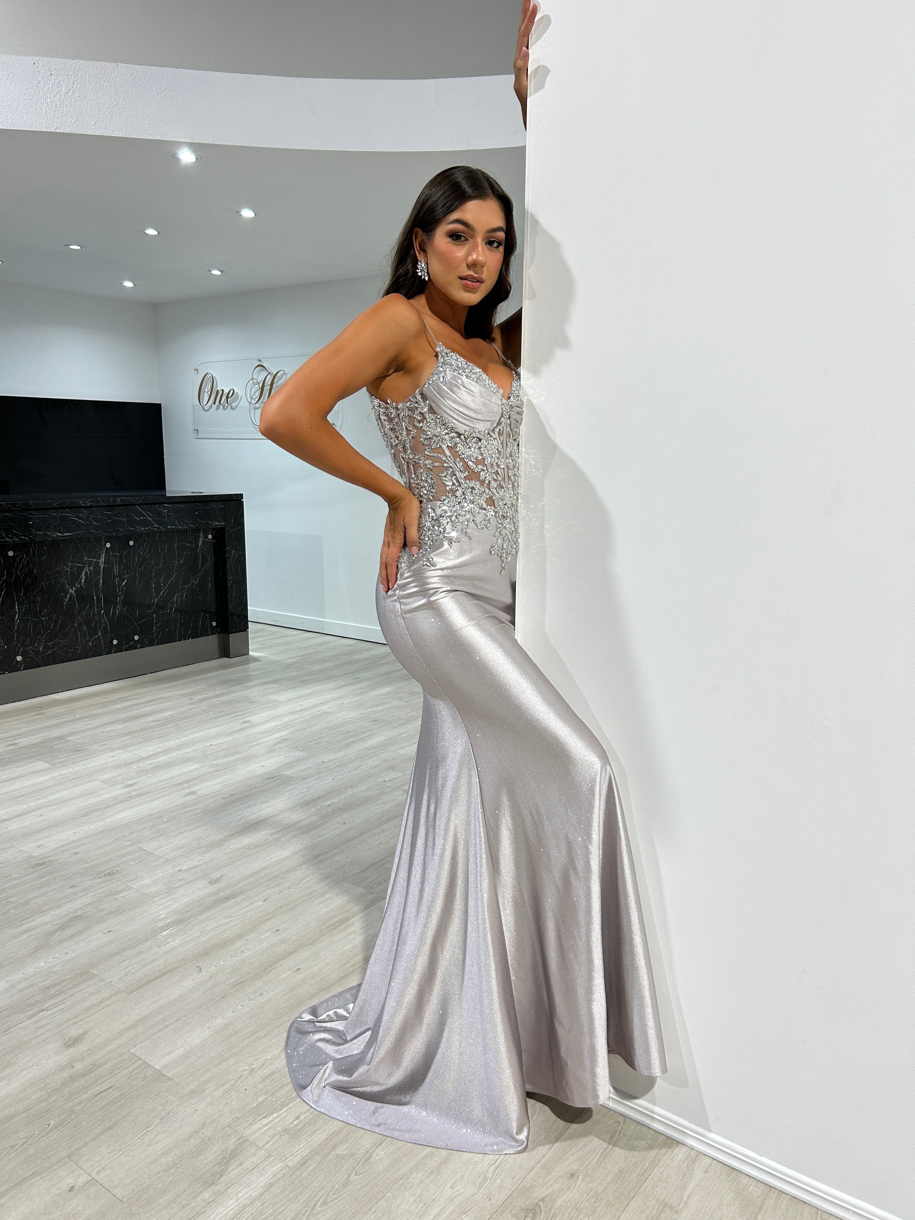 Honey Couture OLYMIA Silver Embellished Stretch Glitter Satin Mermaid Formal Dress