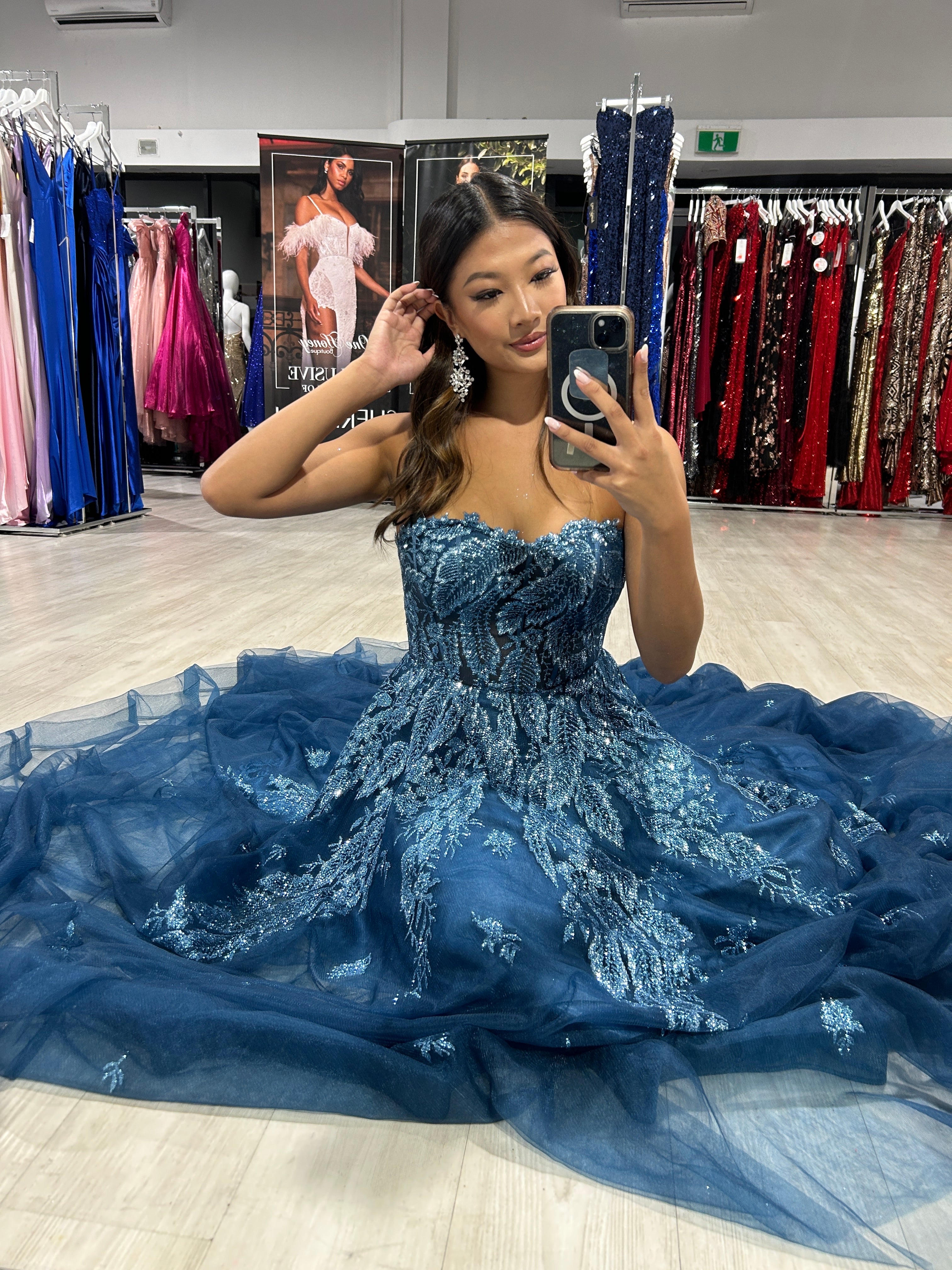 Honey Couture MERCER Lapis Blue Strapless Glitter Ball Gown Formal Dress