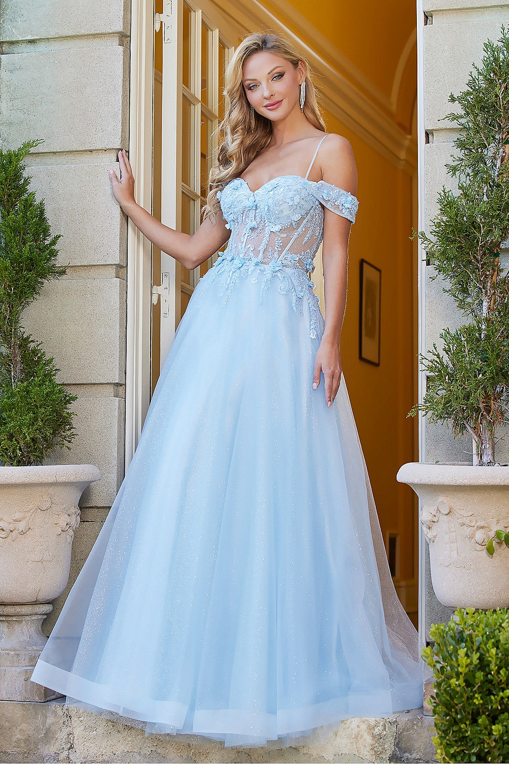 OH3109 Off Shoulder Glitter 3D Floral Applique Formal Dress