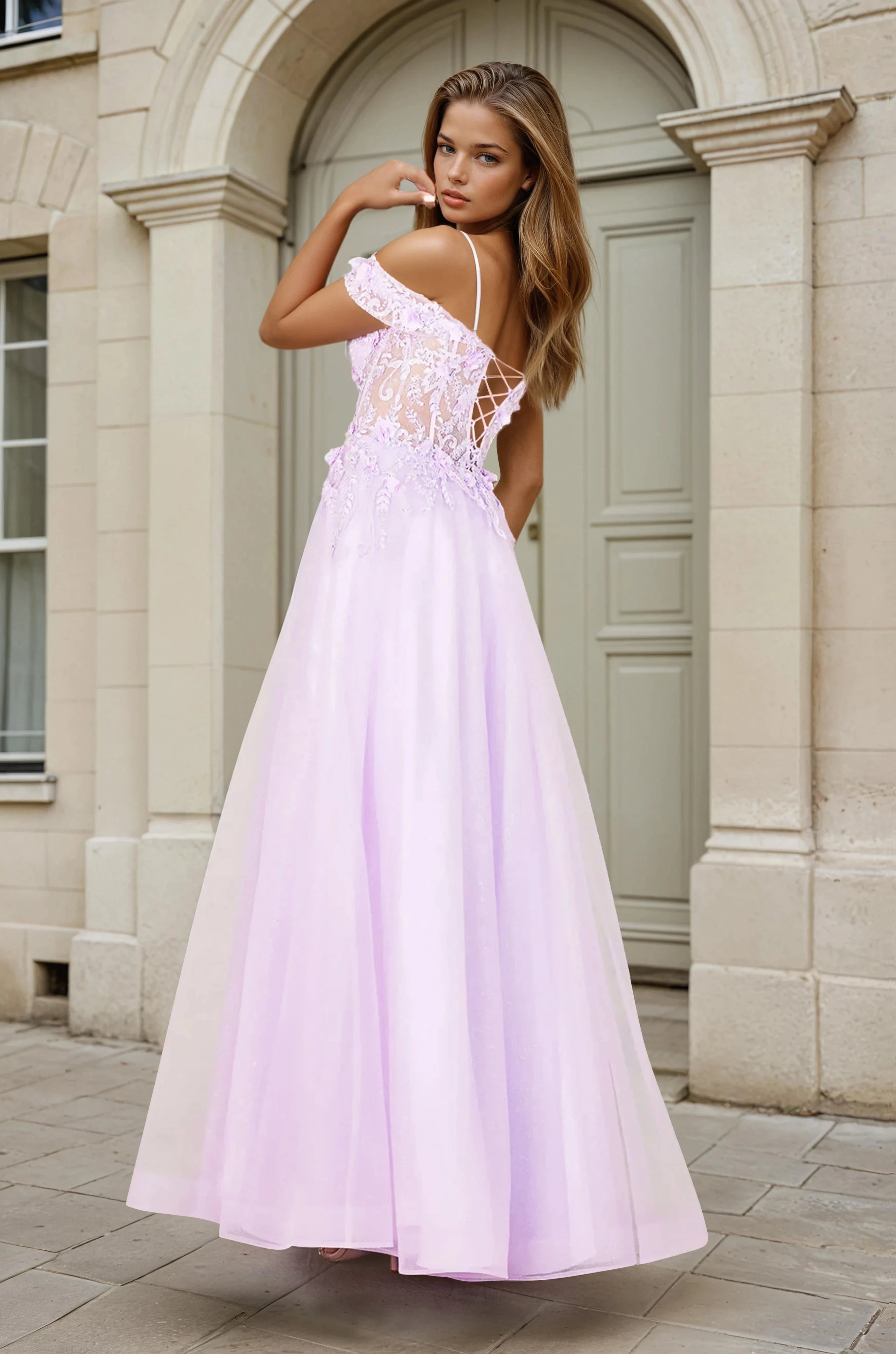 OH3109 Off Shoulder Glitter 3D Floral Applique Formal Dress