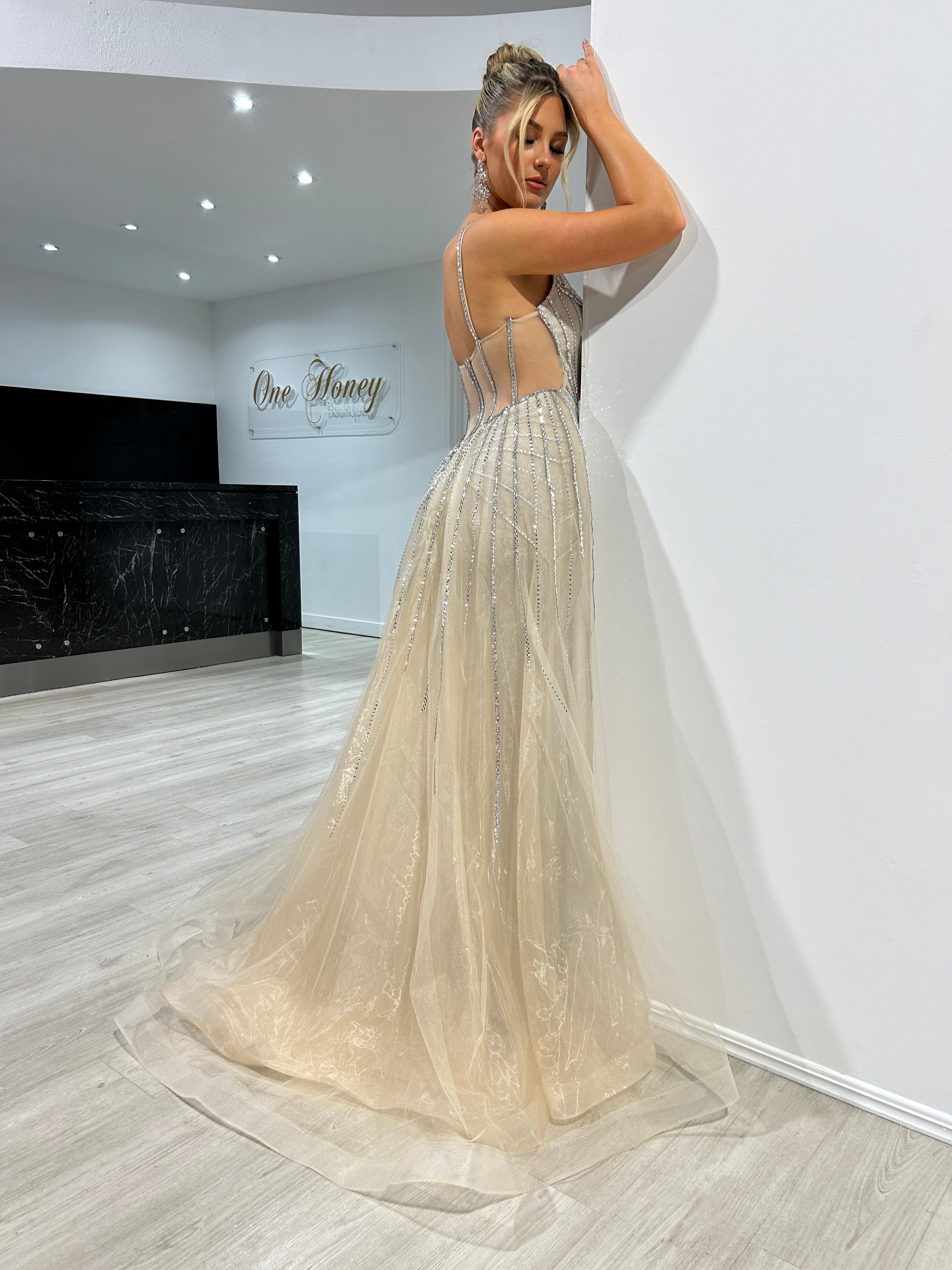 Honey Couture BELLA AMORE Platinum Beaded Overskirt Formal Dress