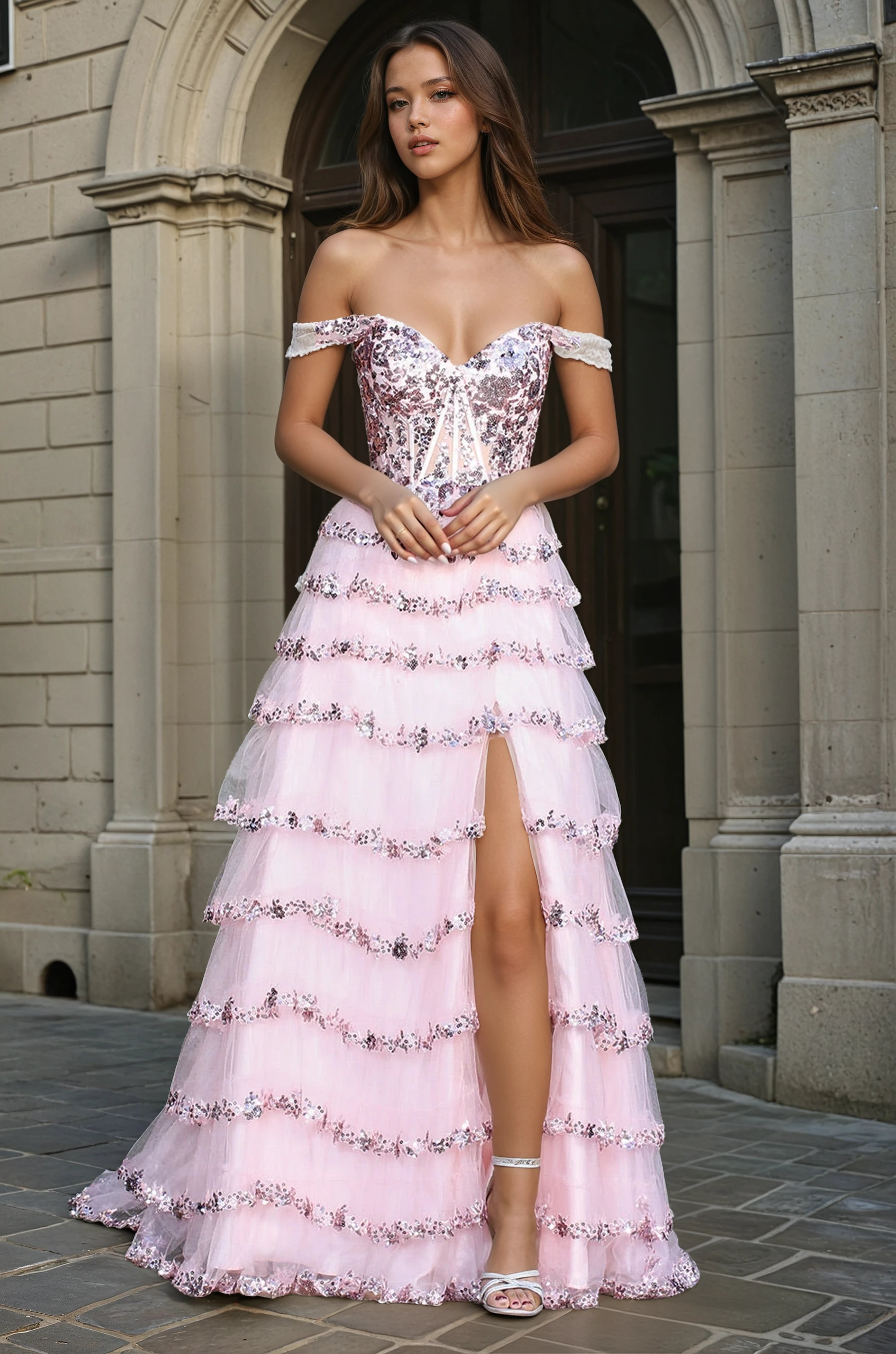 EMERY Tulle Layered Sequin & Glitter Leg Split A Line Prom Dress