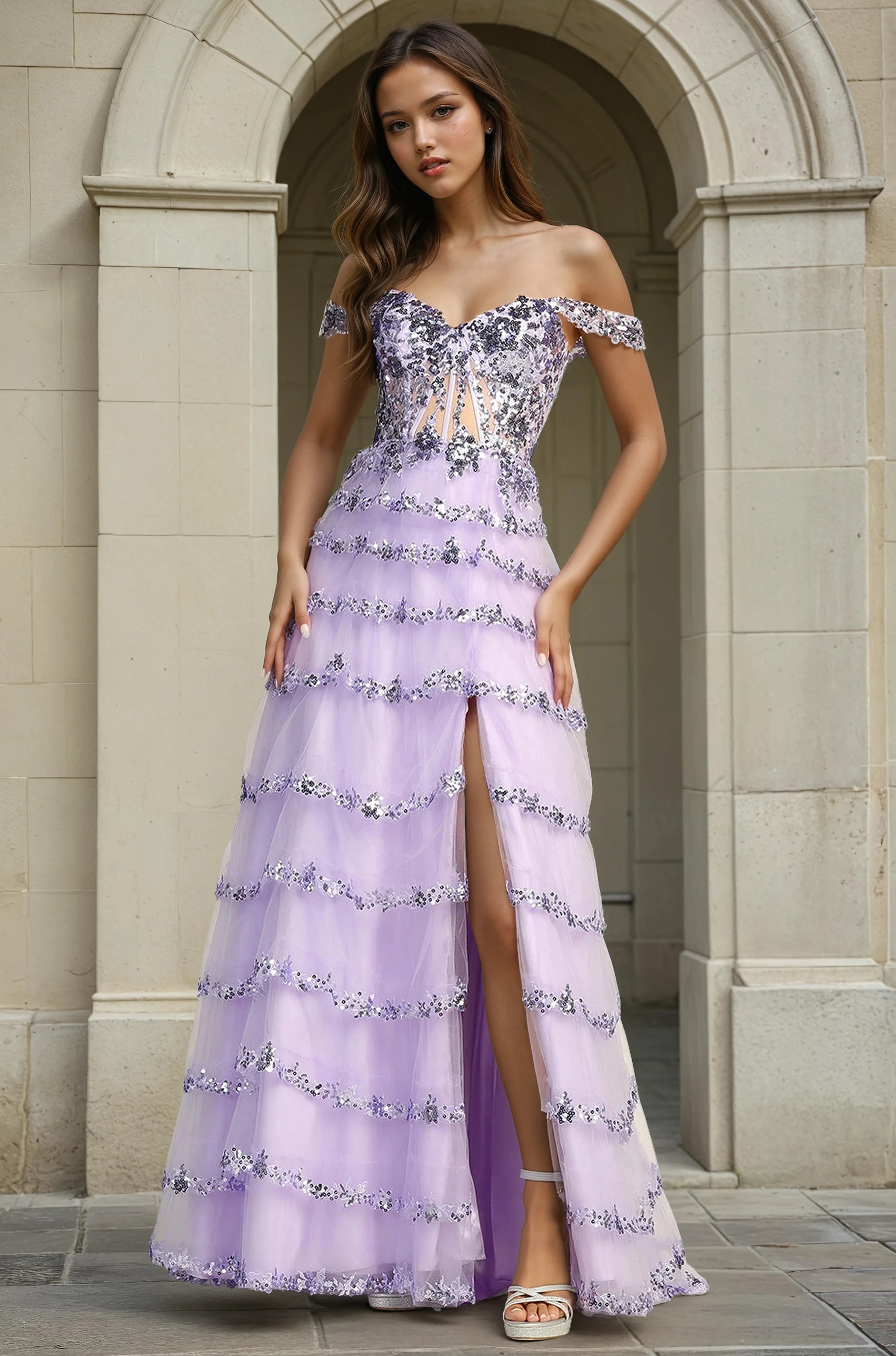 EMERY Tulle Layered Sequin & Glitter Leg Split A Line Prom Dress