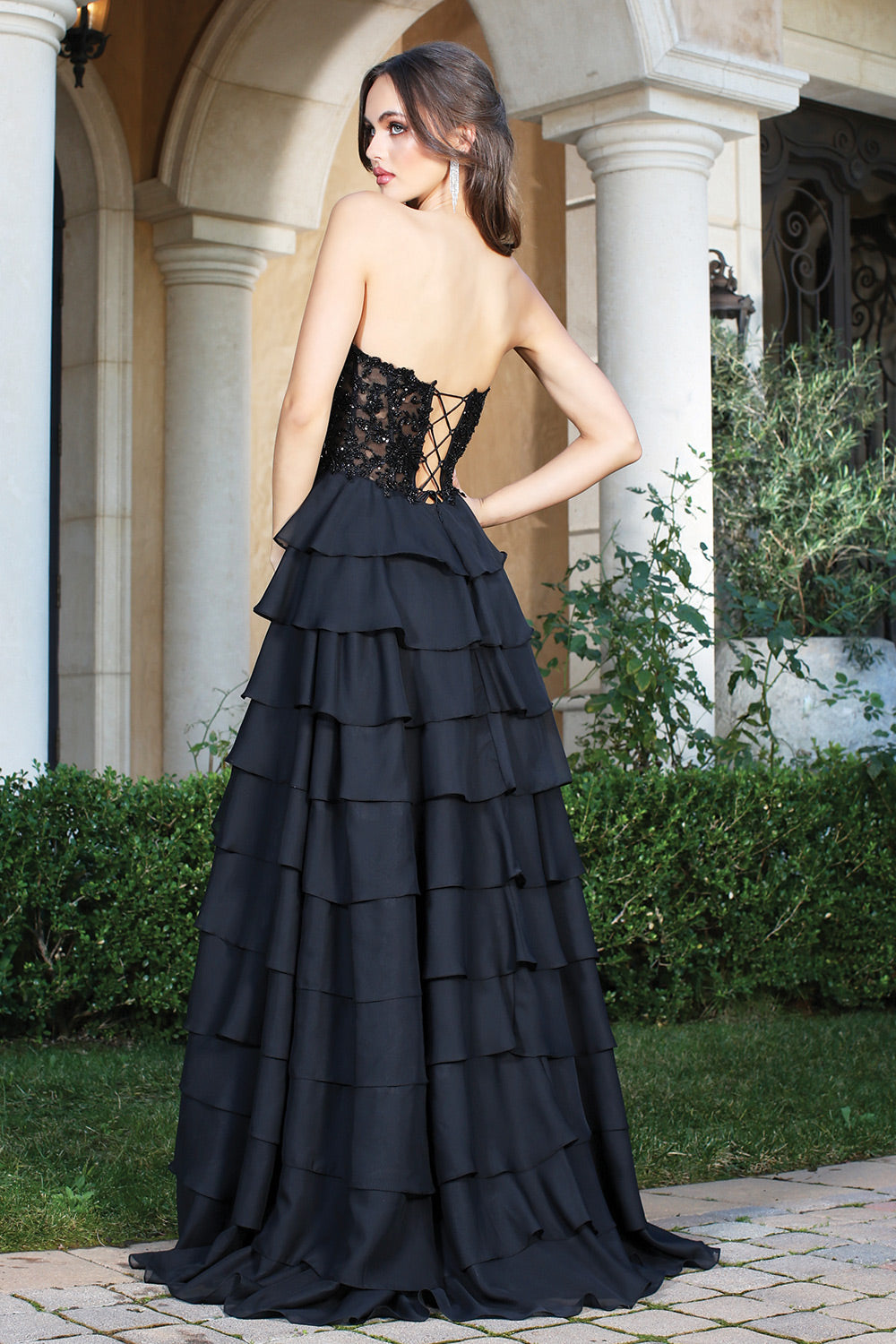 ARYA Strapless Applique Diamante Tulle Ruffle Skirt Prom & Formal Dress