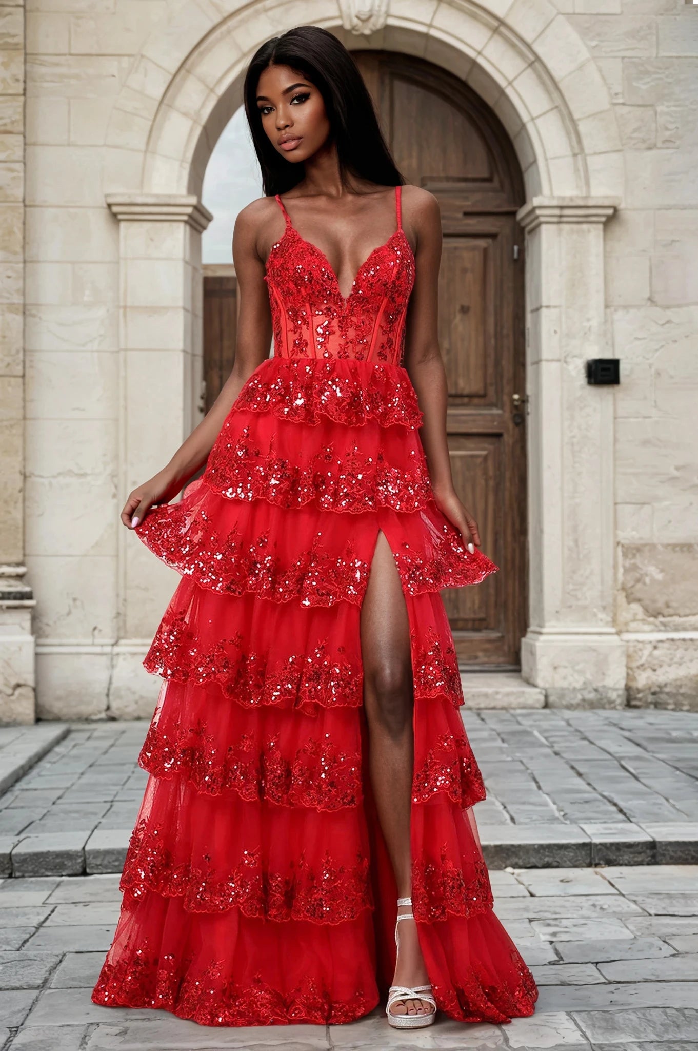 JORJA Corset Deep V Front Sequin & Glitter Leg Split Trumpet Prom Dress