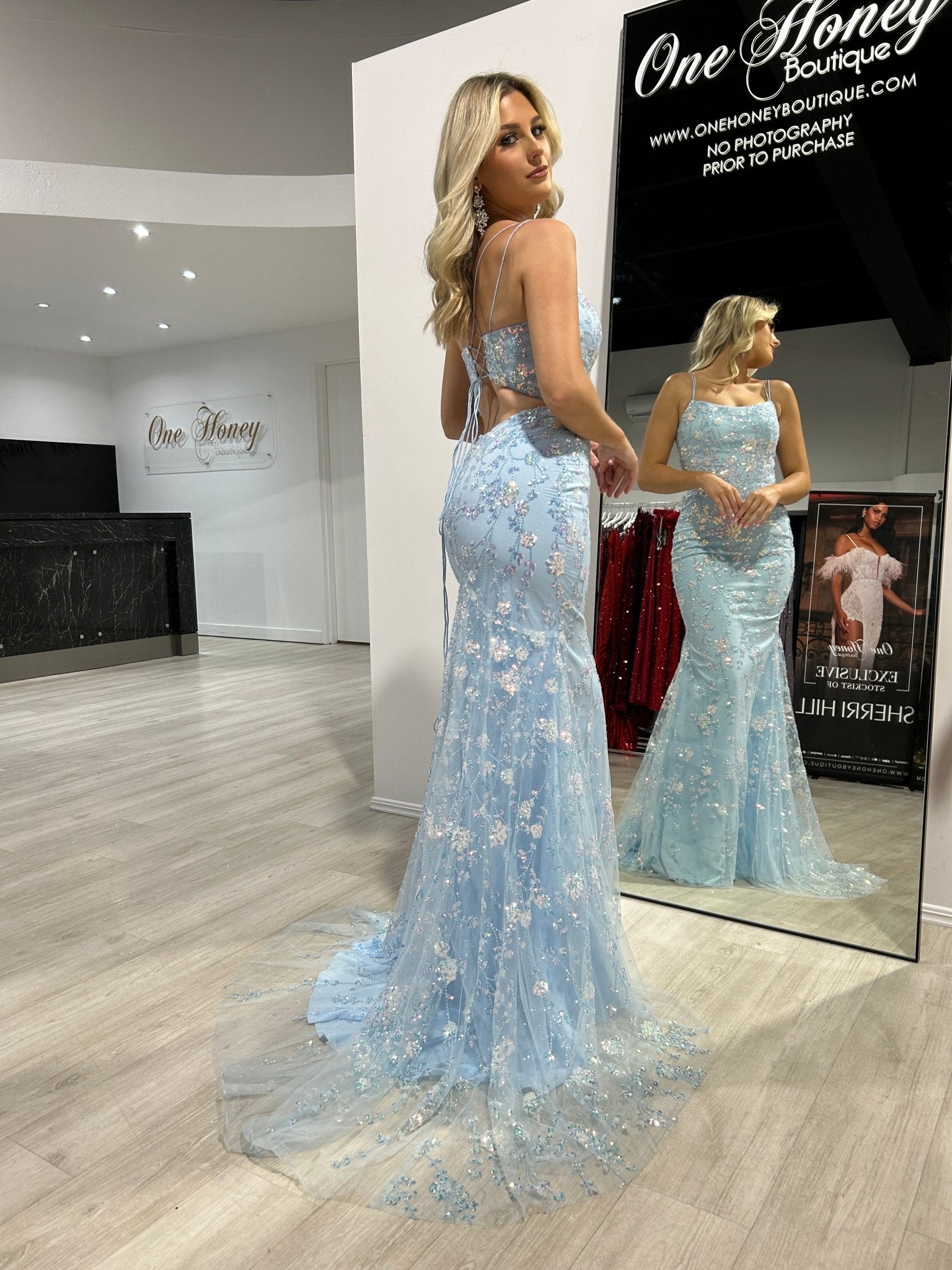 Honey Couture POSY Sky Blue Lace Sequin Applique Mermaid Formal Dress in Australia | One Honey Boutique