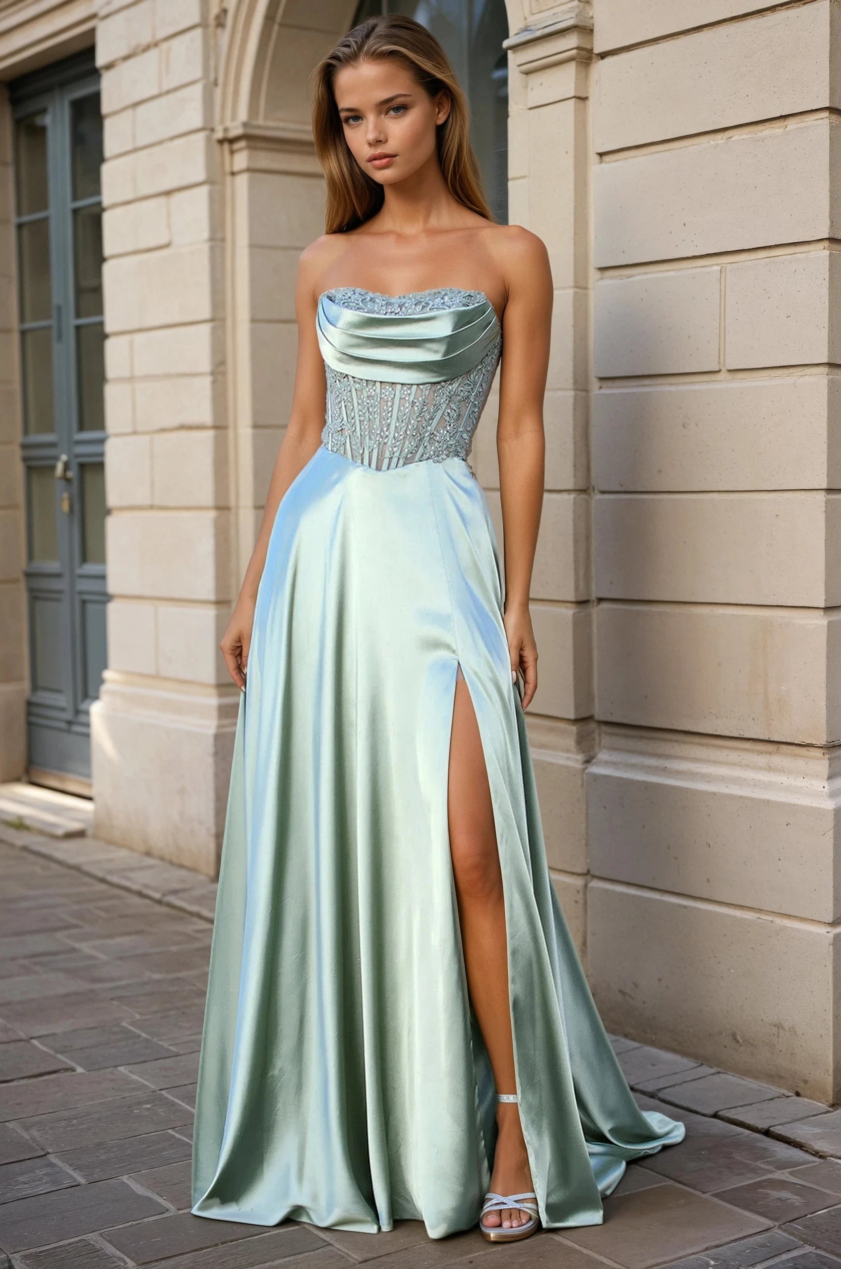 KEELEY Lace Corset Strapless Silky A Line Prom Dress