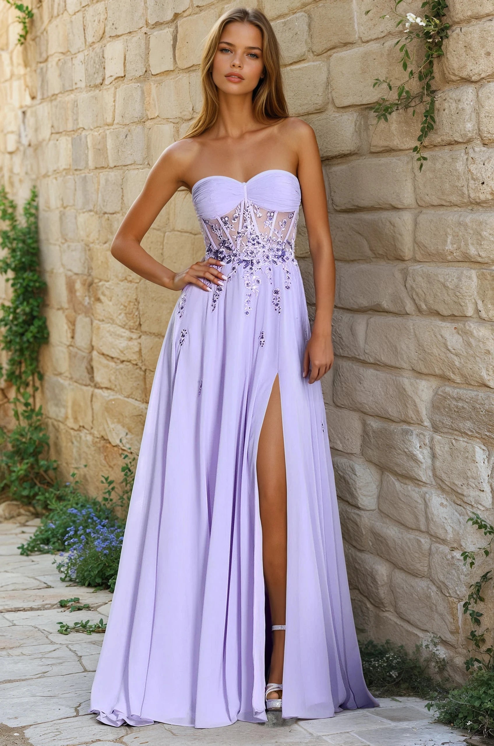 TERENA Strapless Sheer Lace Corset Back A Line Prom & Formal Dress