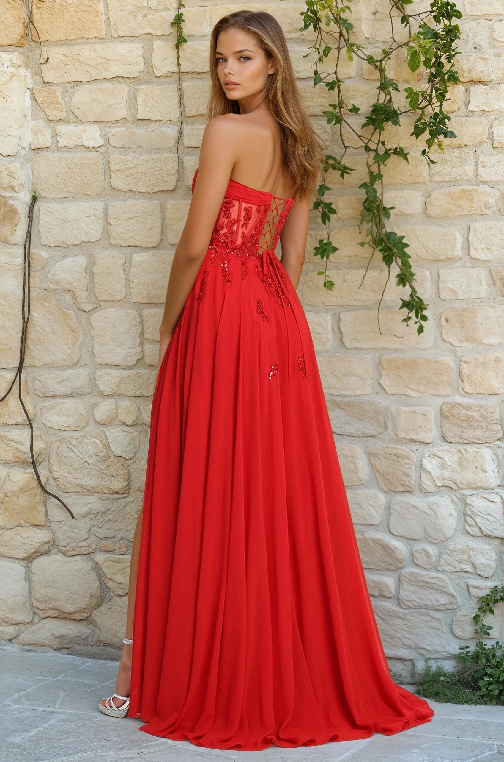TERENA Strapless Sheer Lace Corset Back A Line Prom & Formal Dress