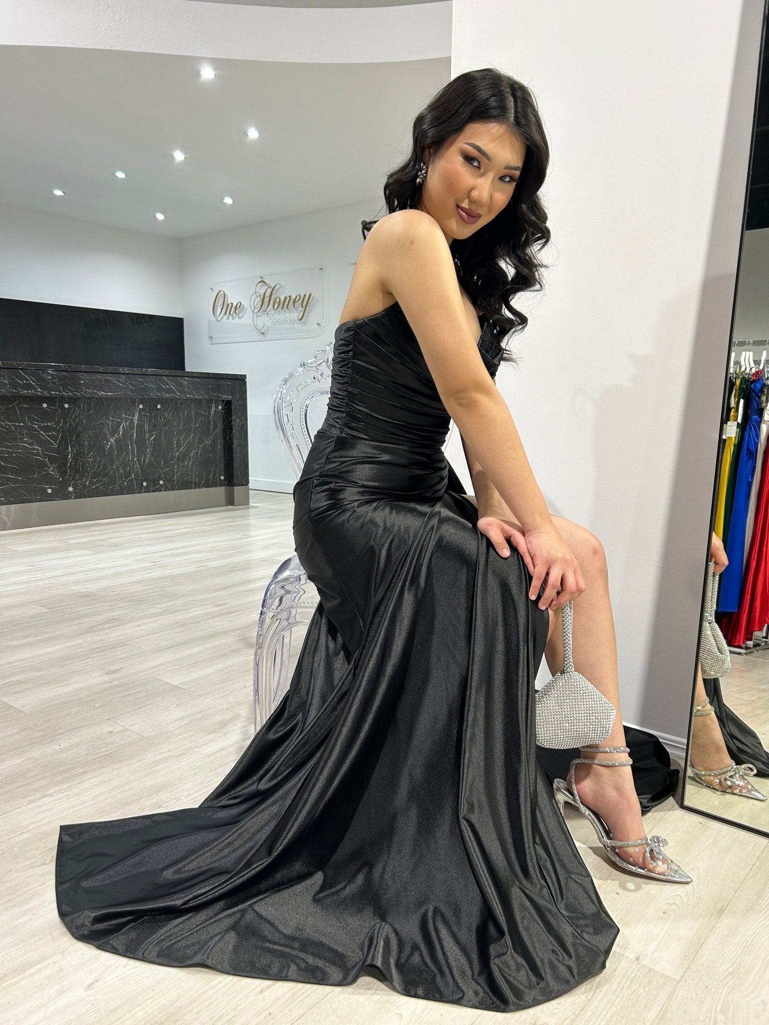 Sherri Hill 55230 Black Silky Strapless Diamante Detail Leg Split Mermaid Formal Dress in Australia | One Honey Boutique