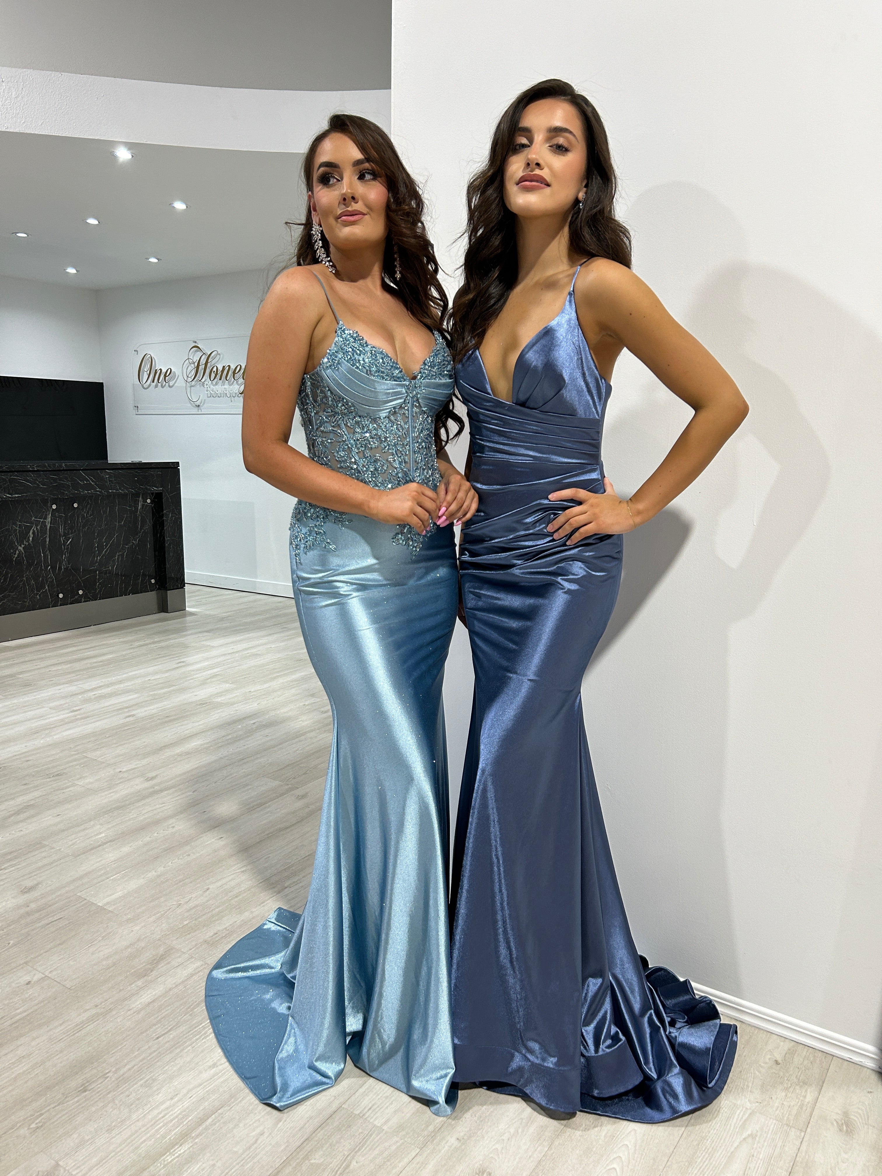 Honey Couture OLYMIA Blue Embellished Stretch Glitter Satin Mermaid Formal Dress