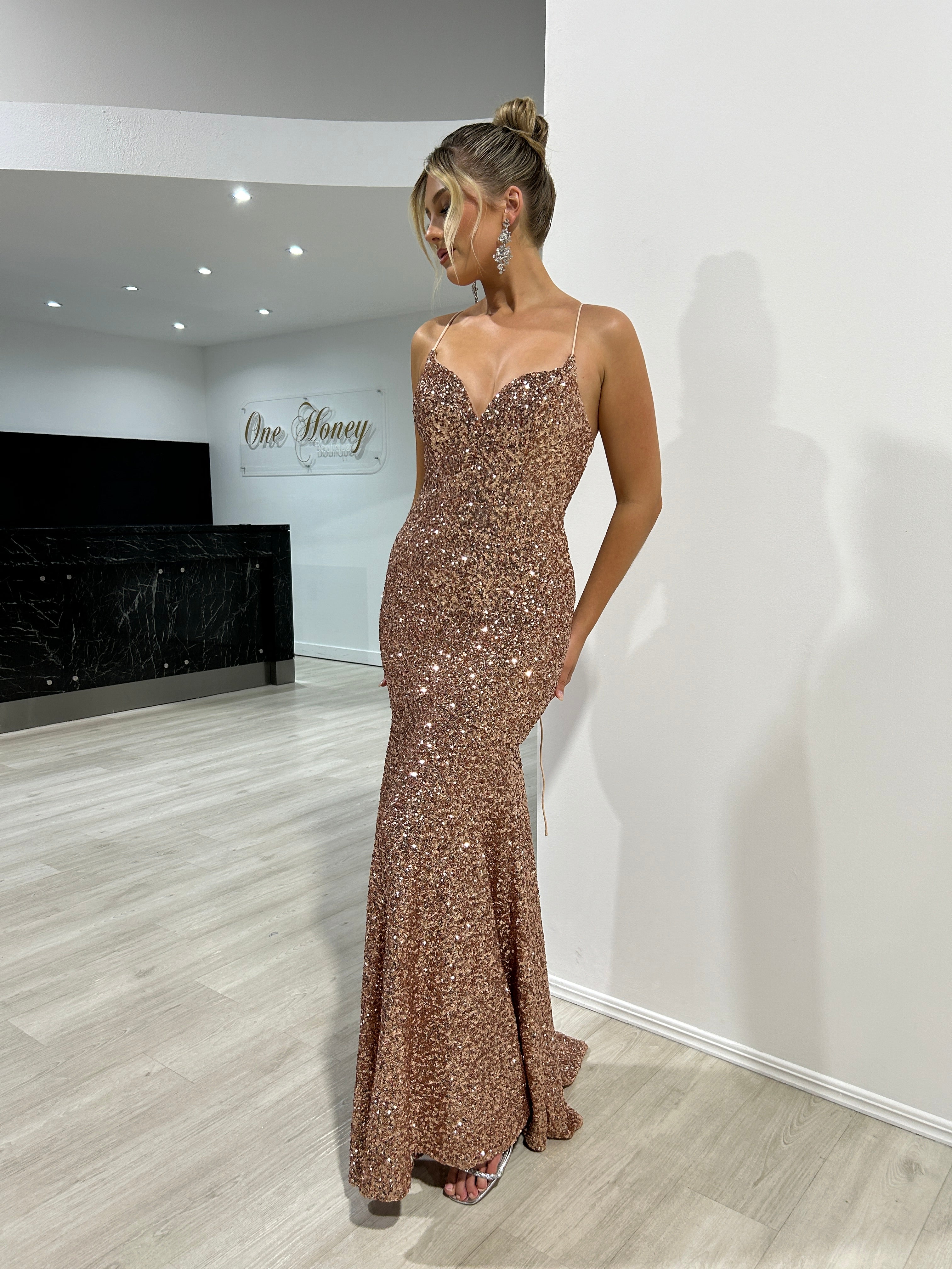 Honey Couture NORMA Rose Gold Sequin Mermaid Formal Dress