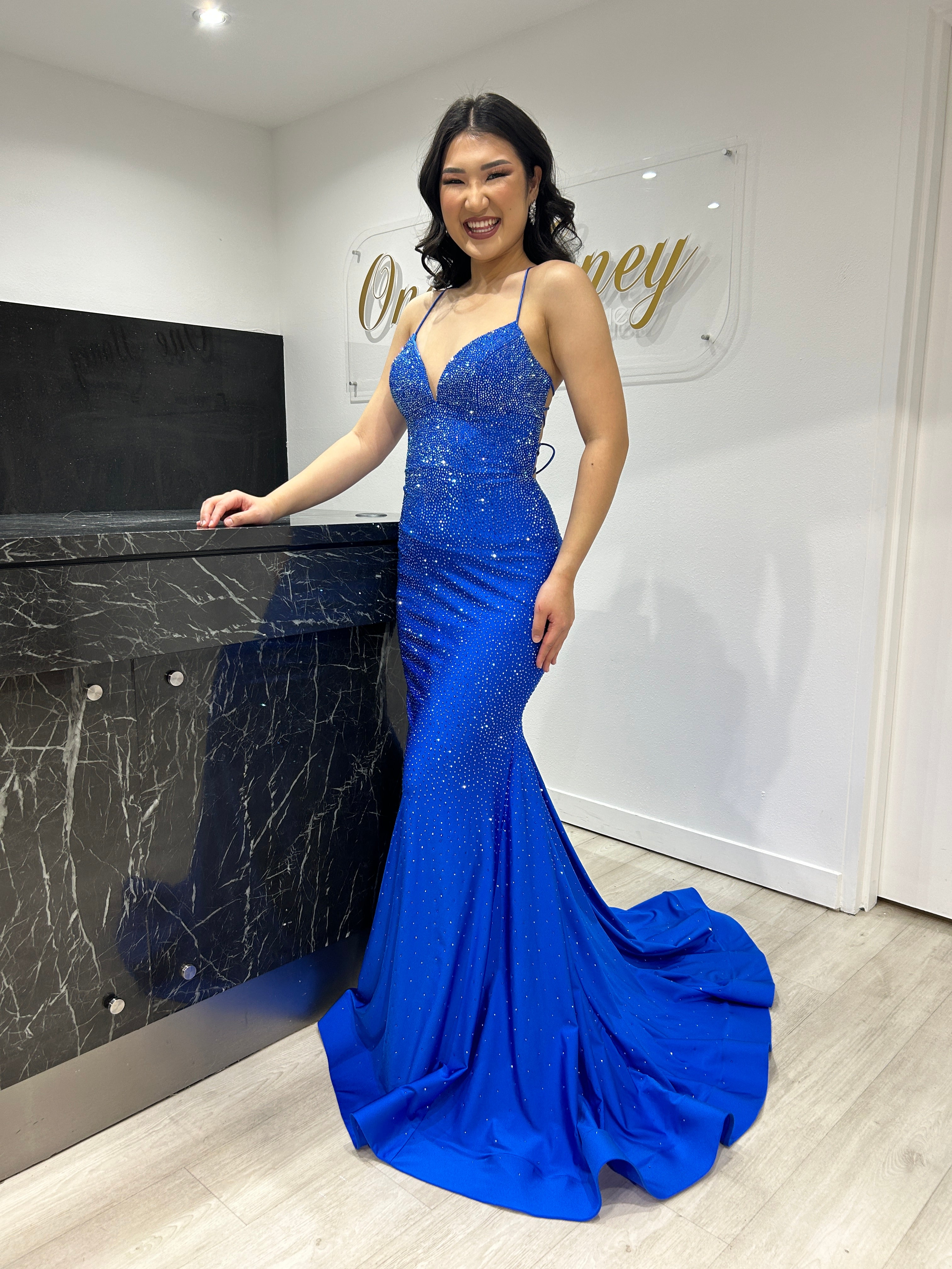 Sherri Hill 55124 Royal Blue Rhinestone Embellished Jersey Corset Back Mermaid Formal Dress