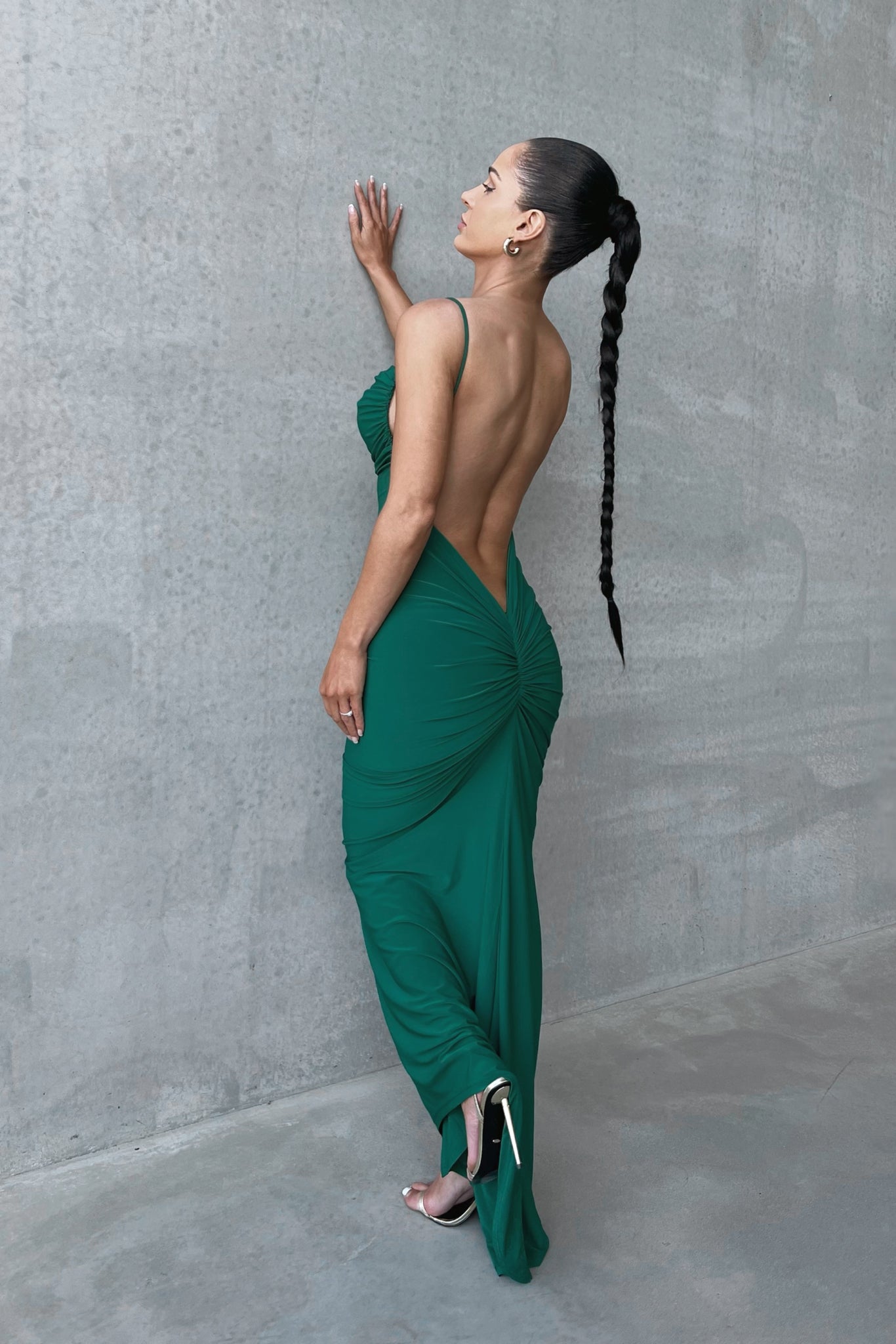 MÉLANI The Label CELINA Emerald Bum Ruched Backless Dress