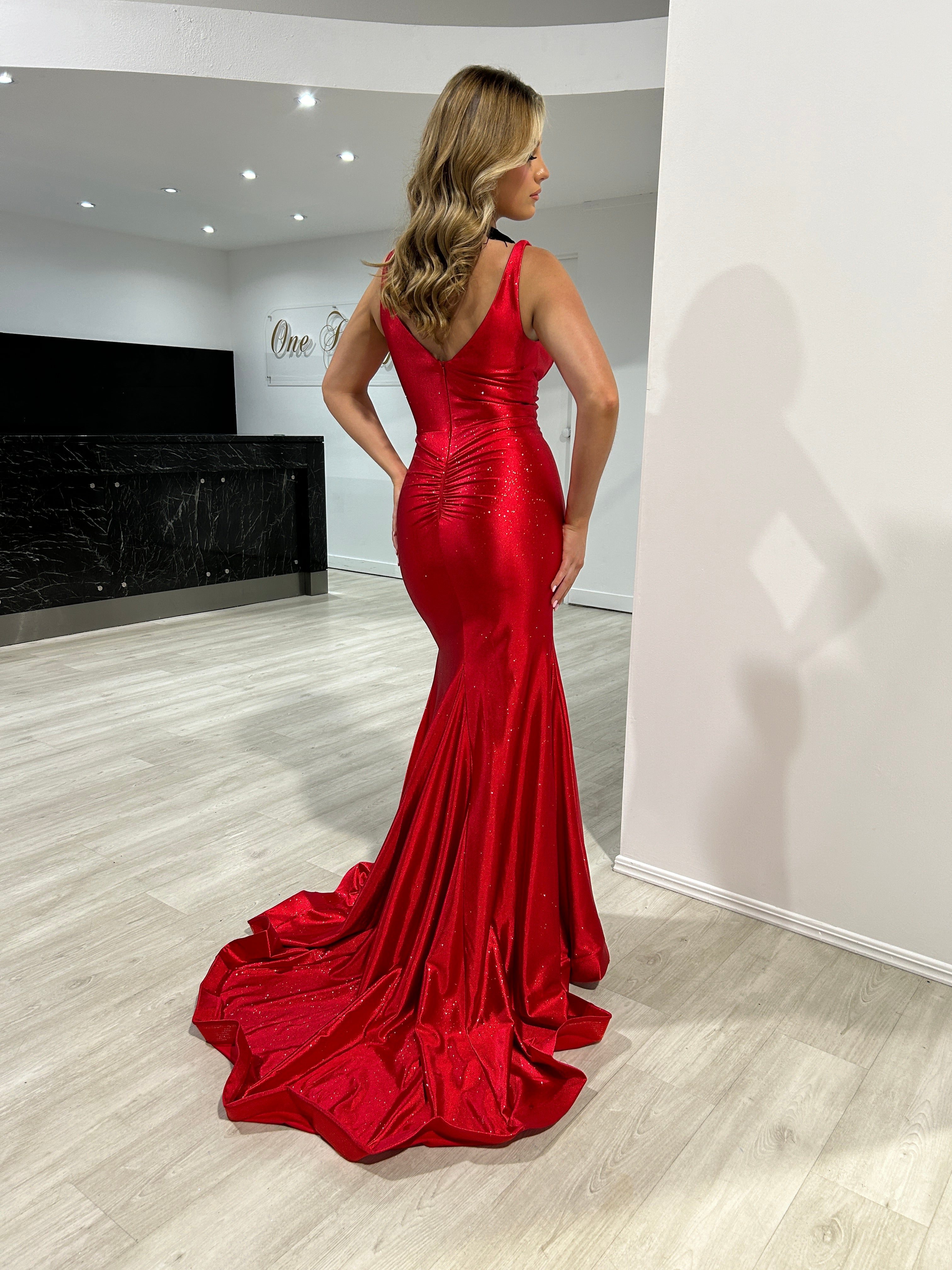 Honey Couture RISTA Red Stretch Glitter Satin Mermaid Formal Dress