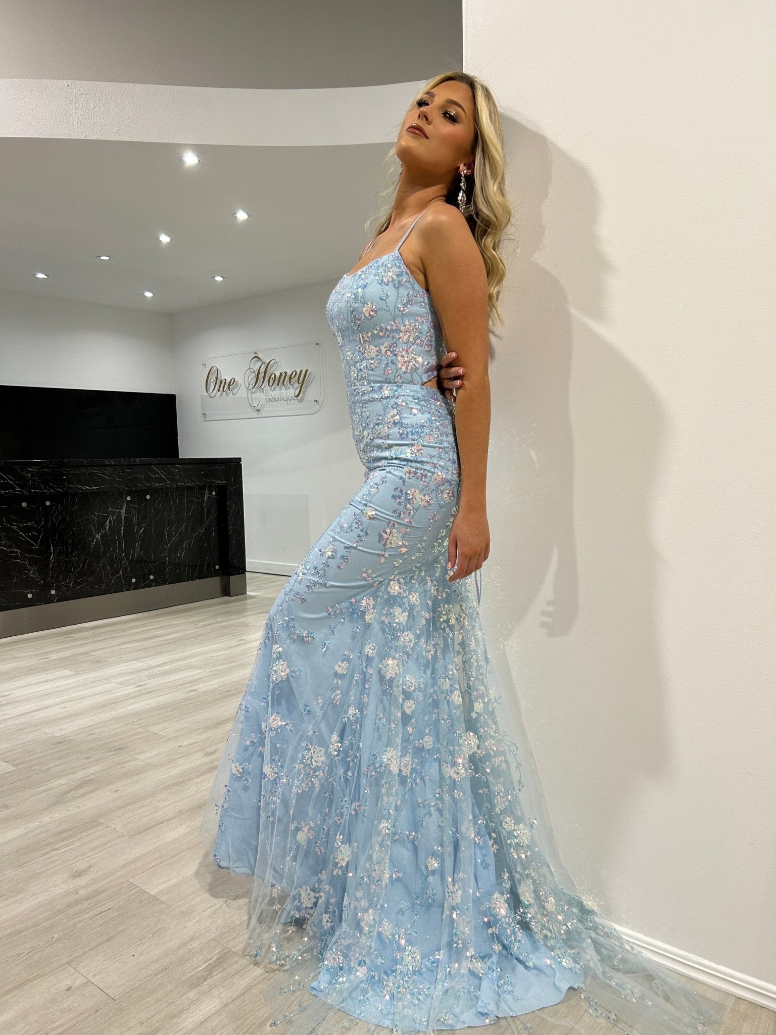 Honey Couture POSY Sky Blue Lace Sequin Applique Mermaid Formal Dress in Australia | One Honey Boutique