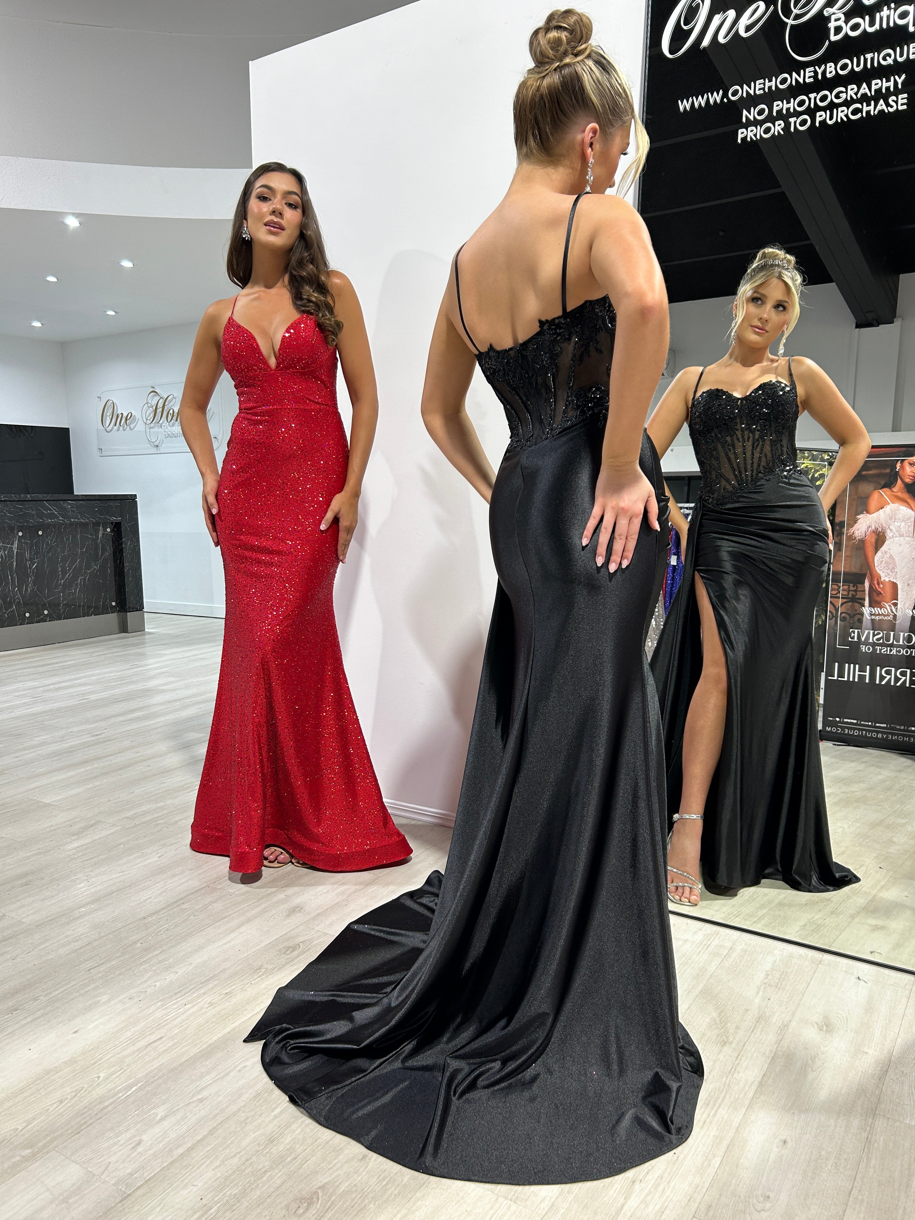 Honey Couture STERLING Black Embellished Corset Satin Mermaid Formal Dress