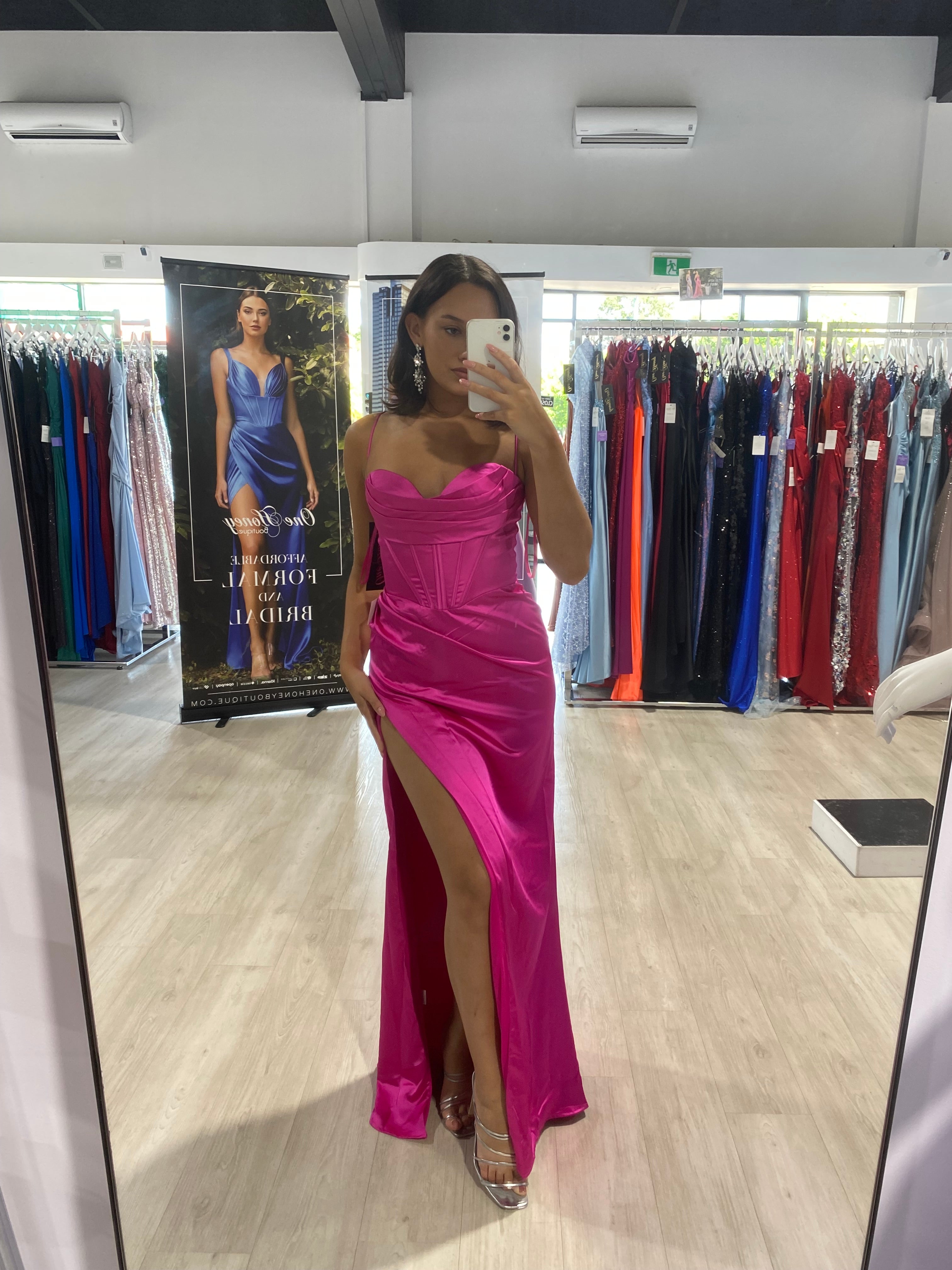 Honey Couture ZENDAYA Magenta Hot Pink Satin Corset Bustier Leg Split Formal Dress