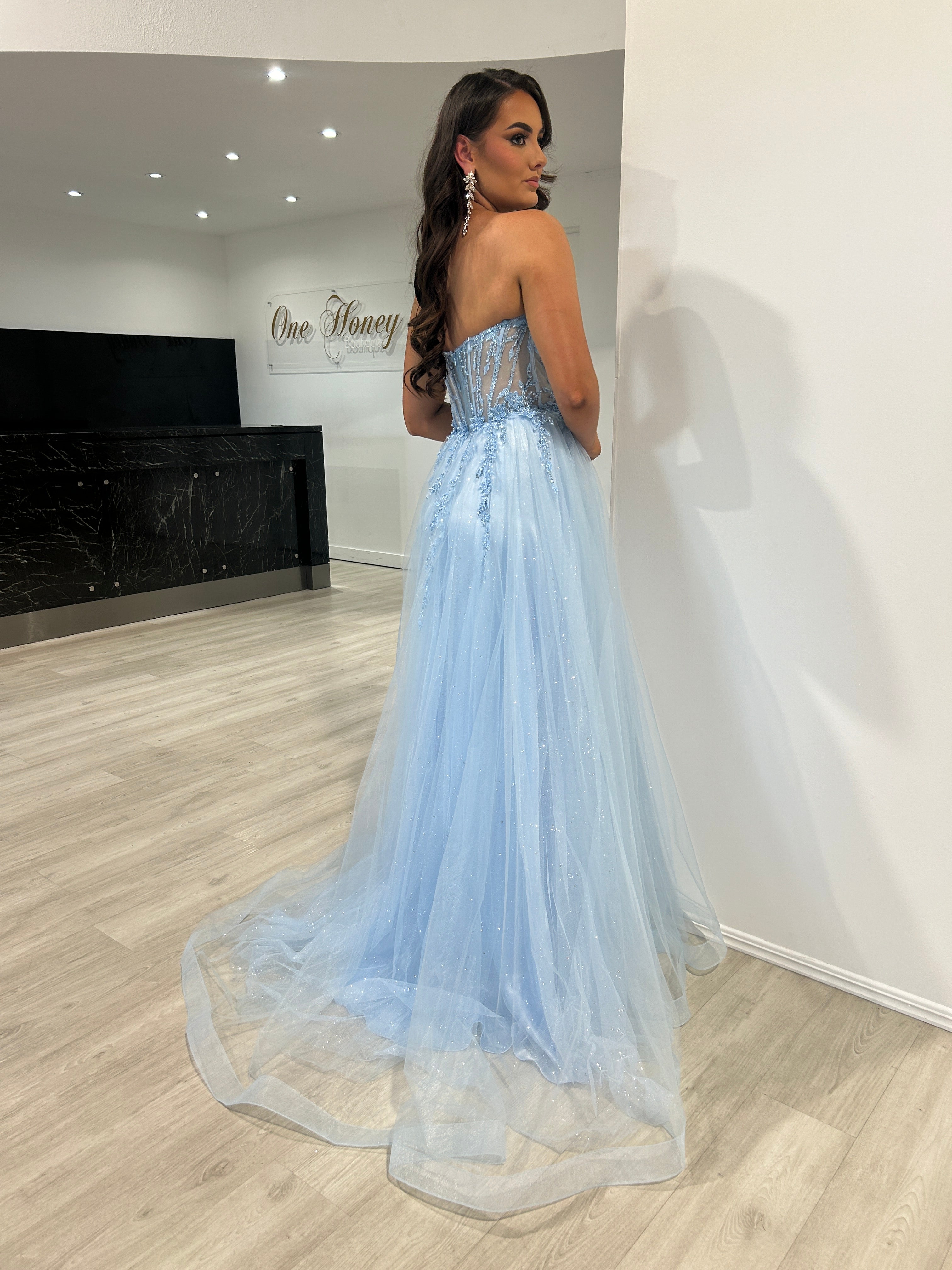 Honey Couture YZMA Light Blue Strapless Bustier Tulle A-Line Formal Dress