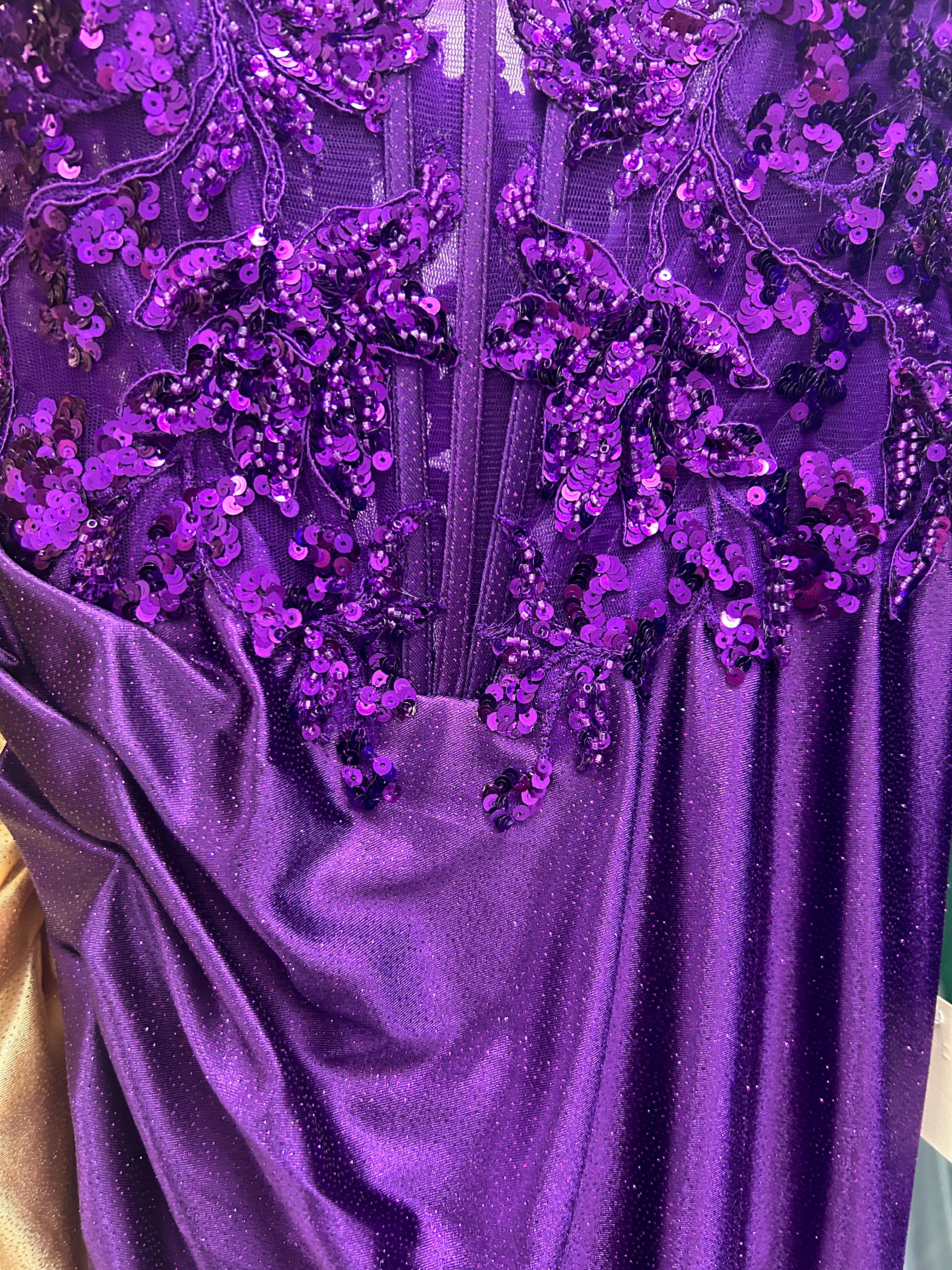 Honey Couture ODESSA Amethyst Embellished Glitter Satin Mermaid Formal Dress