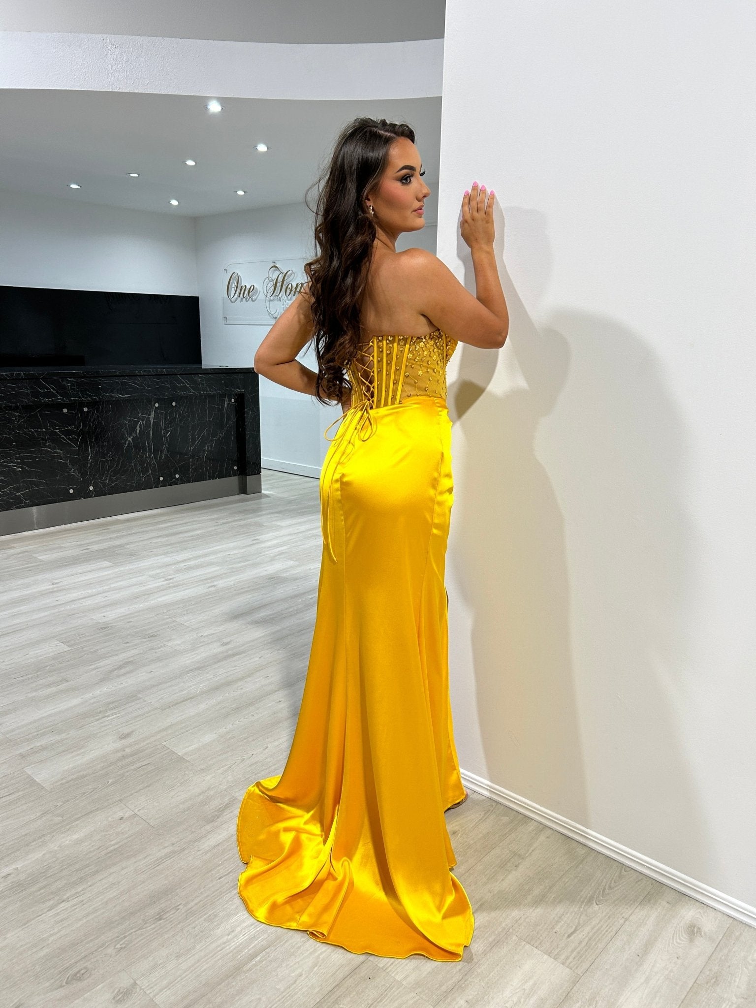 ALIX Strapless Satin Diamanté Detail Corset Bustier Formal Dress in Australia | One Honey Boutique